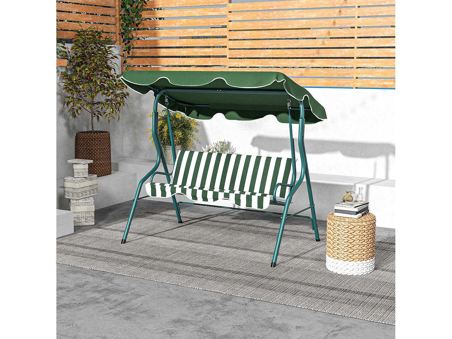 Balancelle de jardin 3 places coussins assise dossier vert blanc rayé