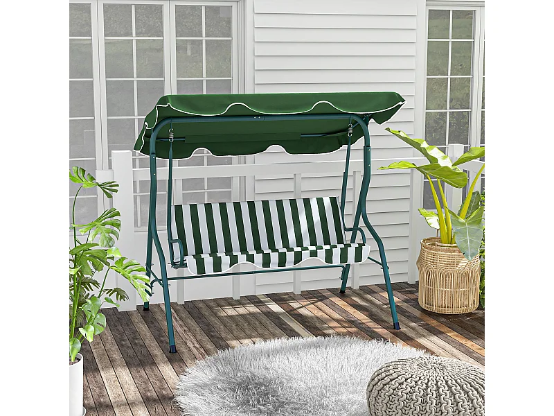 Balancelle de jardin 3 places coussins assise dossier vert blanc rayé