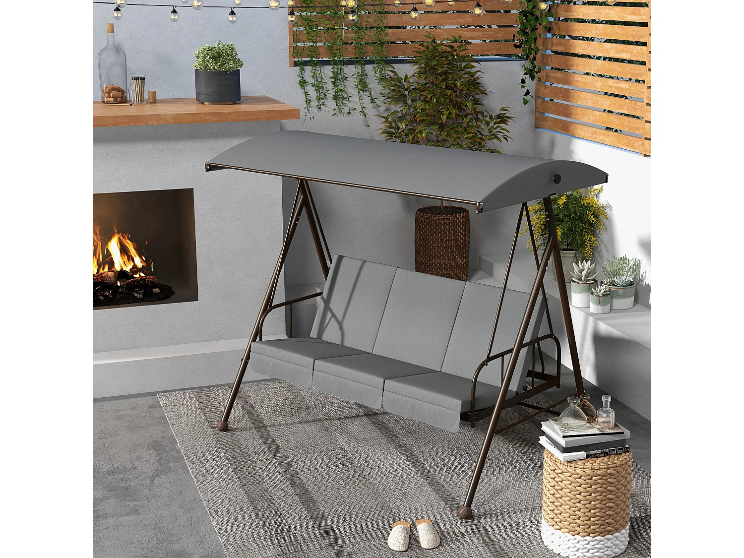 Balancelle de jardin convertible 3 places grand confort 3 coussins toit réglable acier polyester gris