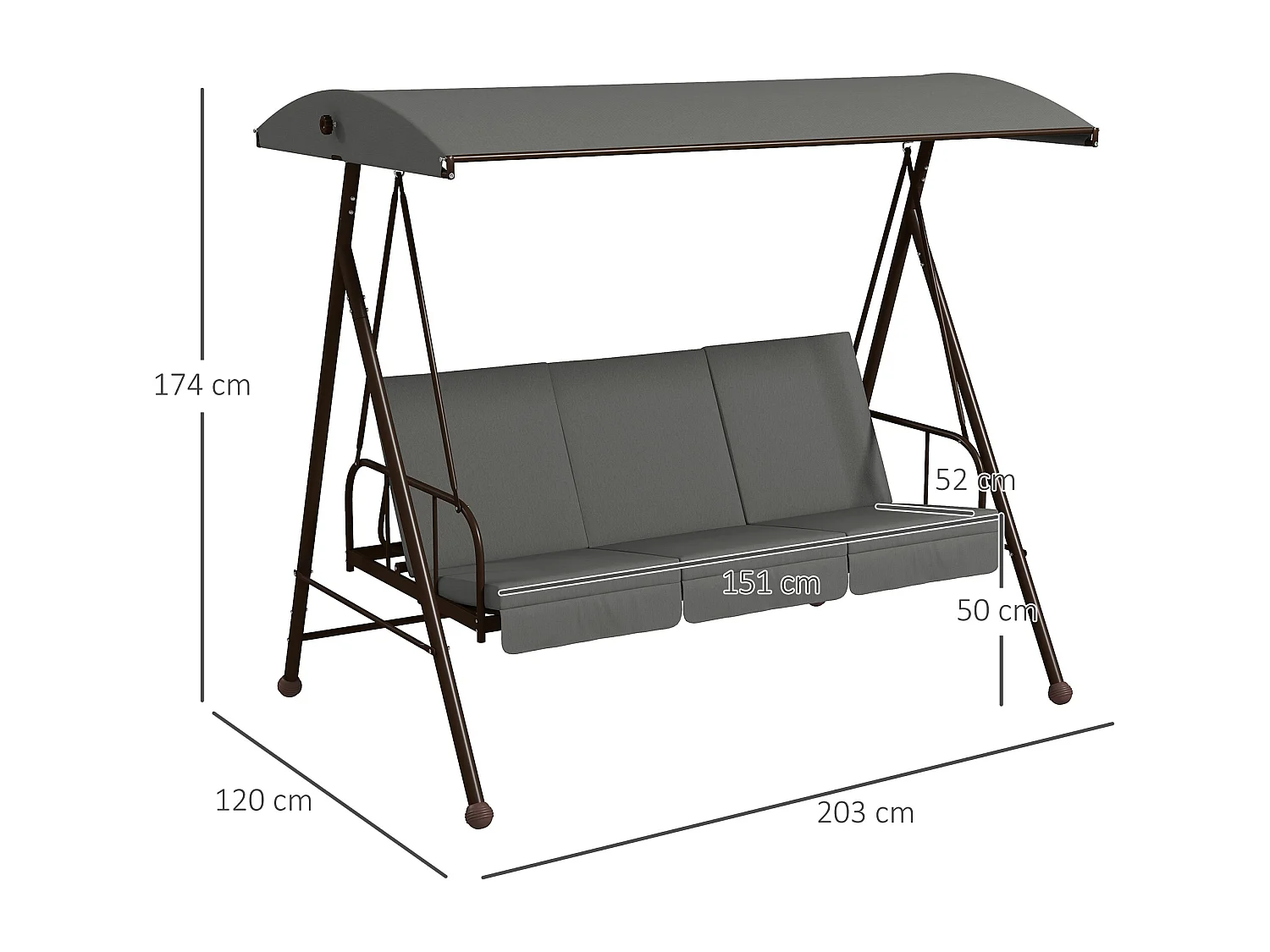 Balancelle de jardin convertible 3 places grand confort 3 coussins toit réglable acier polyester gris