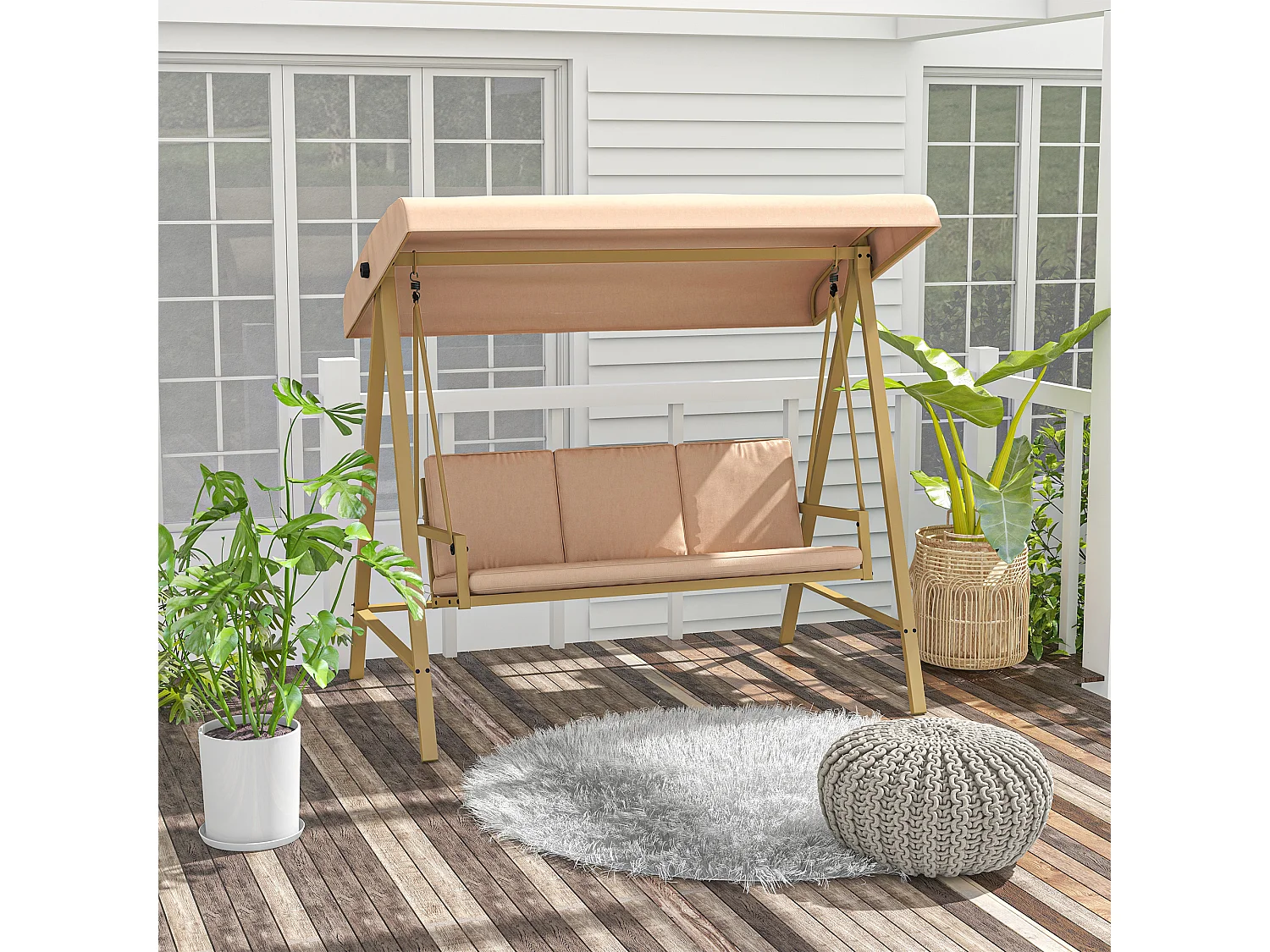 Balancelle de jardin 3 places toit inclinaison réglable épais coussins amovibles polyester acier époxy beige
