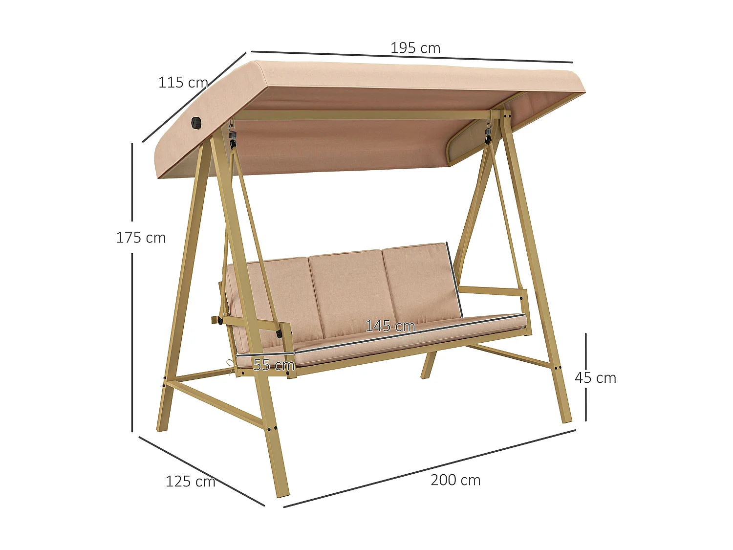 Balancelle de jardin 3 places toit inclinaison réglable épais coussins amovibles polyester acier époxy beige