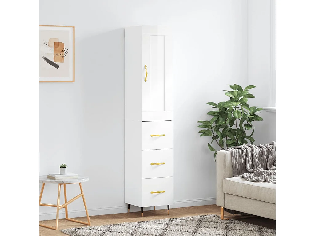 Hoog dressoir Glanzend wit 34,5x34x180 cm Bewerkt hout
