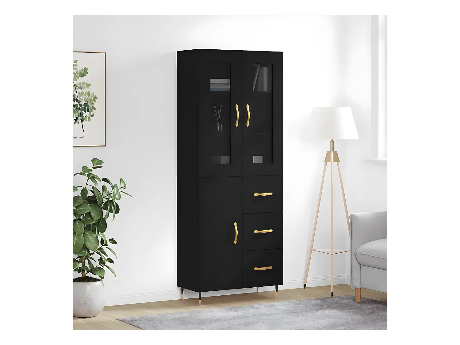 Hoog dressoir Zwart 69,5x34x180 cm Bewerkt hout