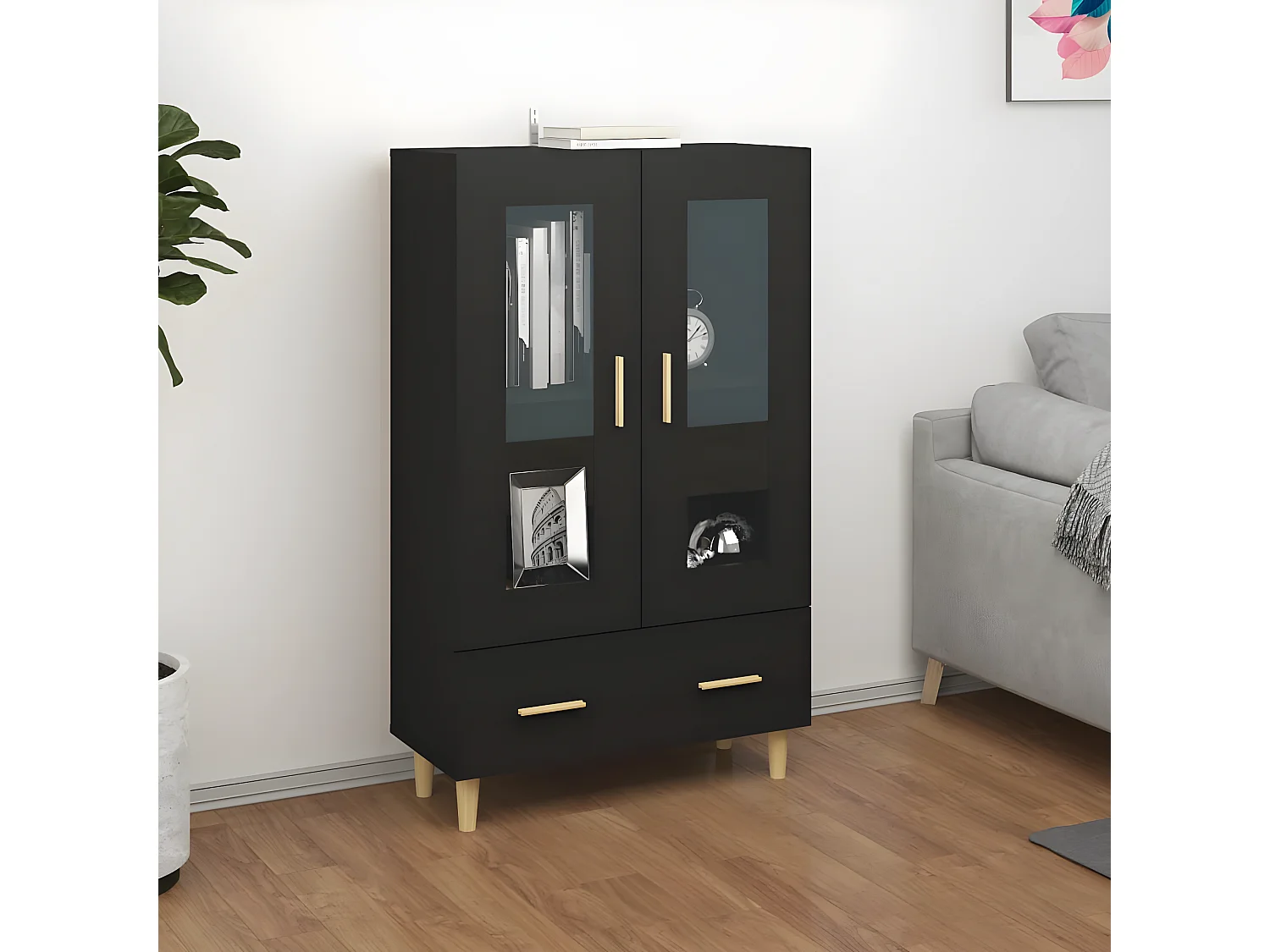 Buffet haut noir 70x31x115 cm bois d'ingénierie