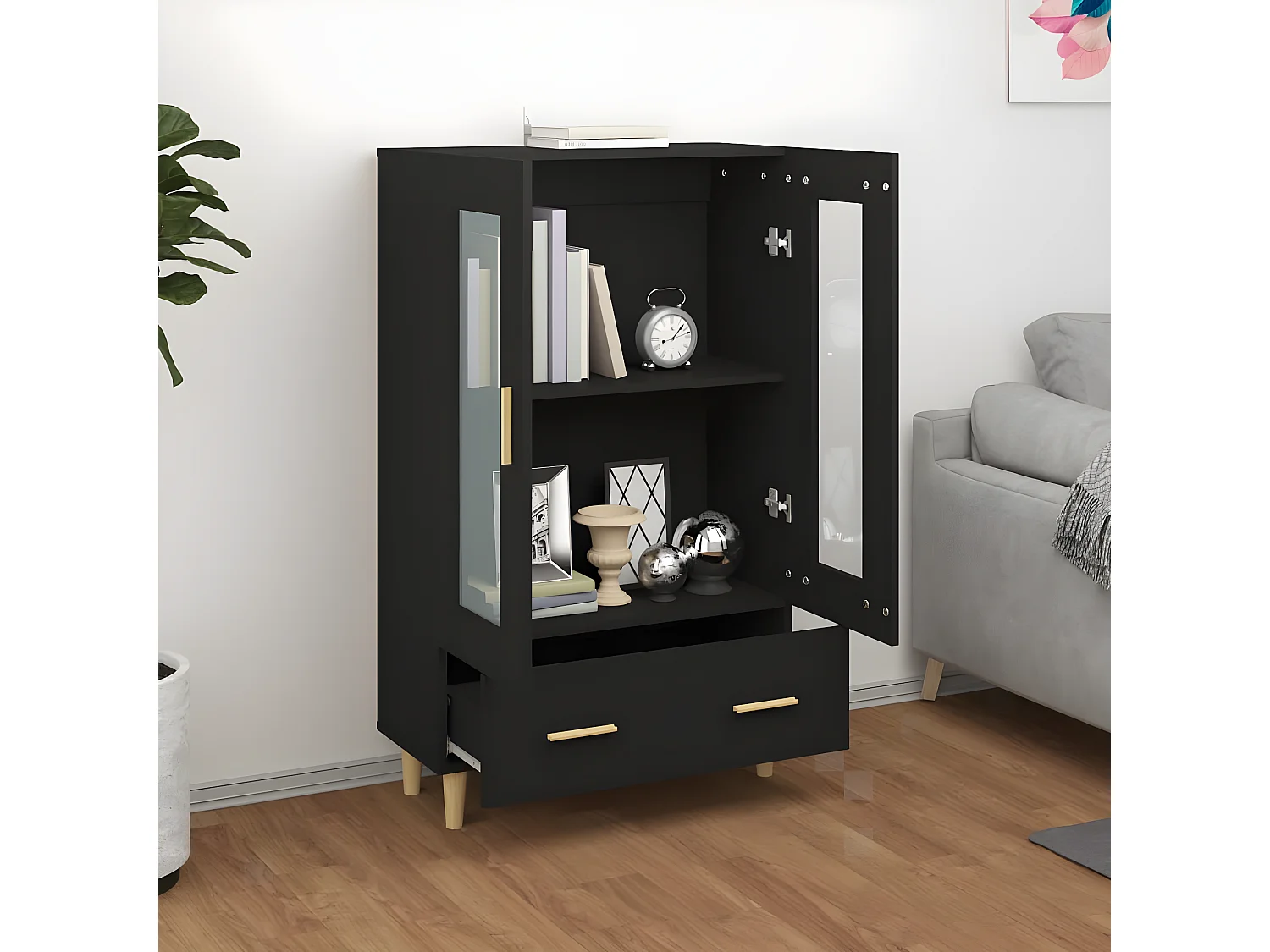 Buffet haut noir 70x31x115 cm bois d'ingénierie