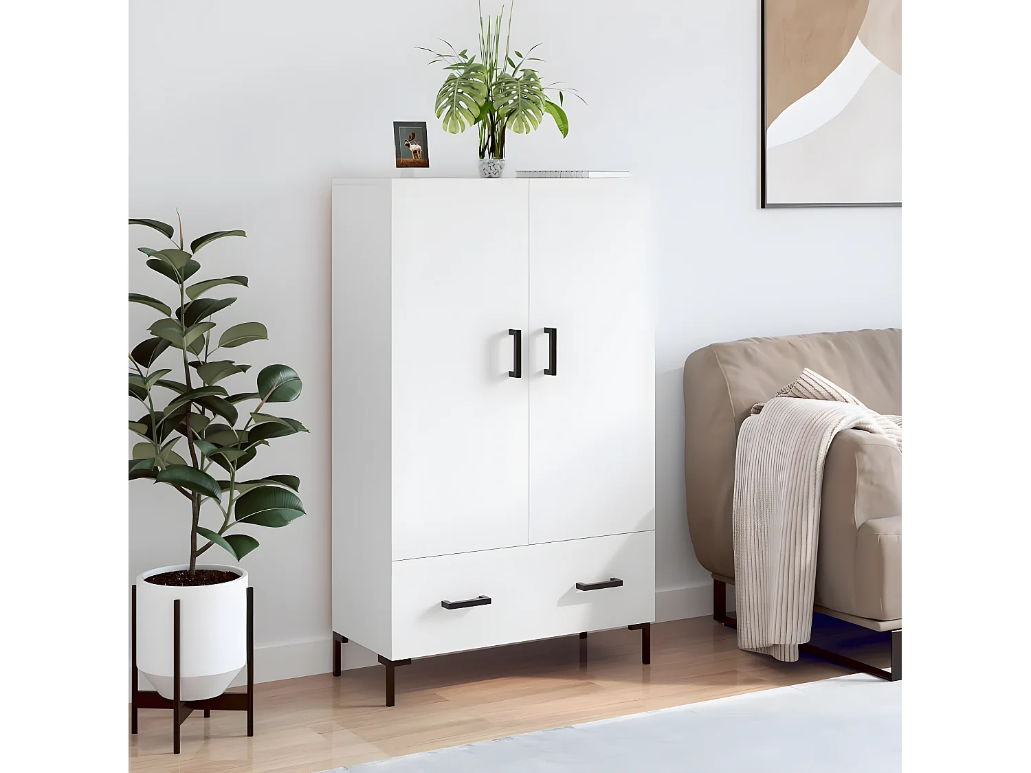 Weißes hohes Sideboard 69,5 x 31 x 115 cm, Holzwerkstoff