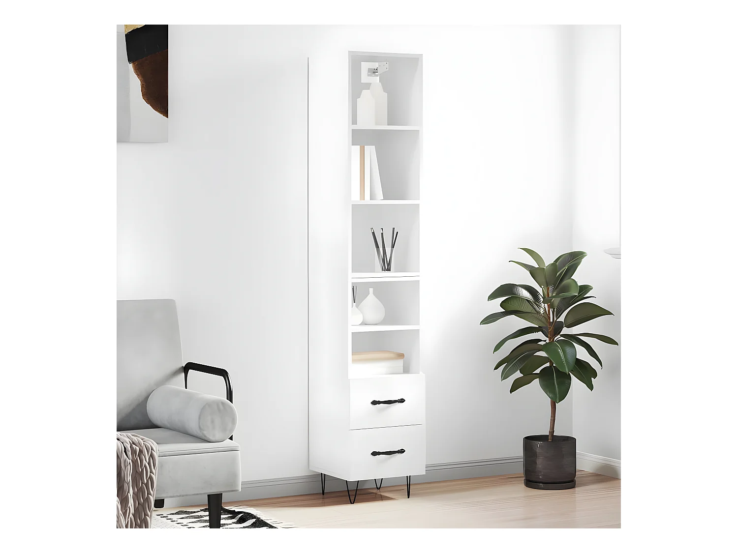 Hoog dressoir Glanzend wit 34,5x34x180 cm Bewerkt hout