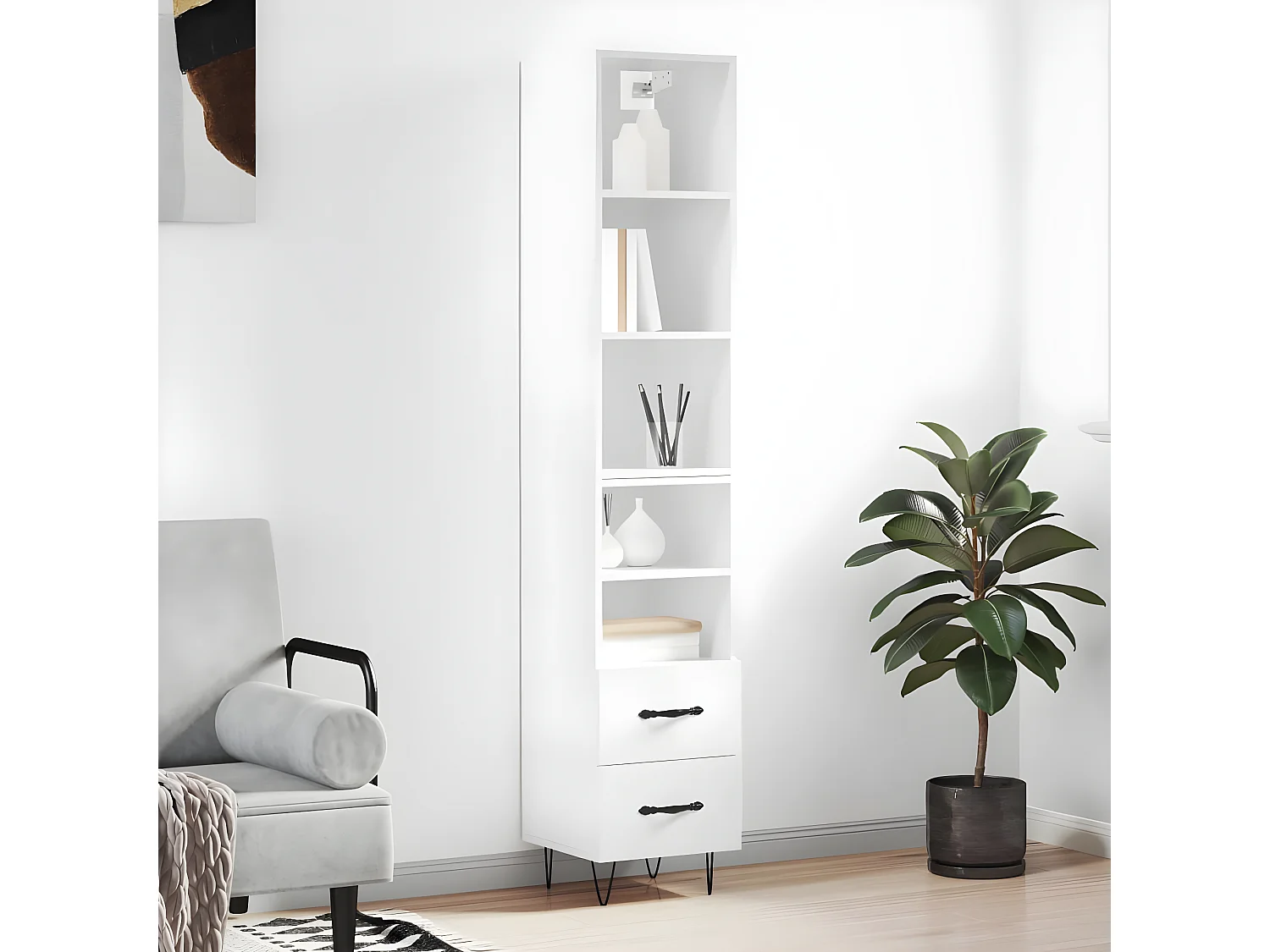 Hoog dressoir Glanzend wit 34,5x34x180 cm Bewerkt hout