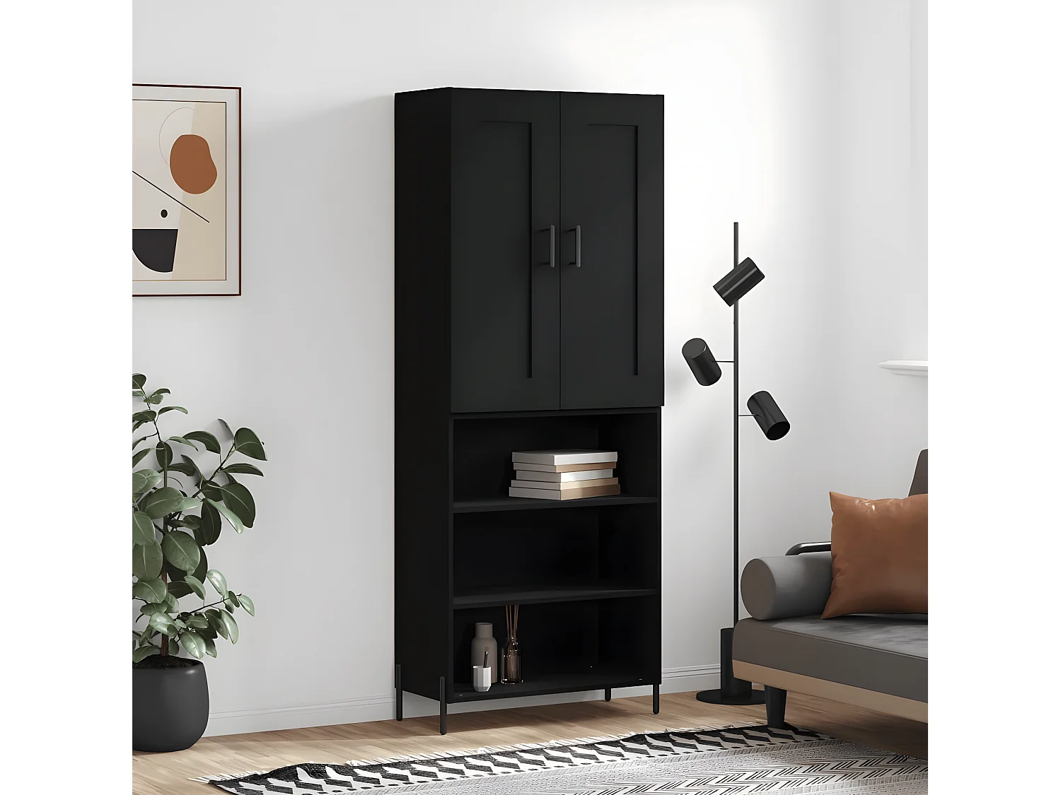 Aparador alto preto 69,5x34x180 cm Madeira trabalhada