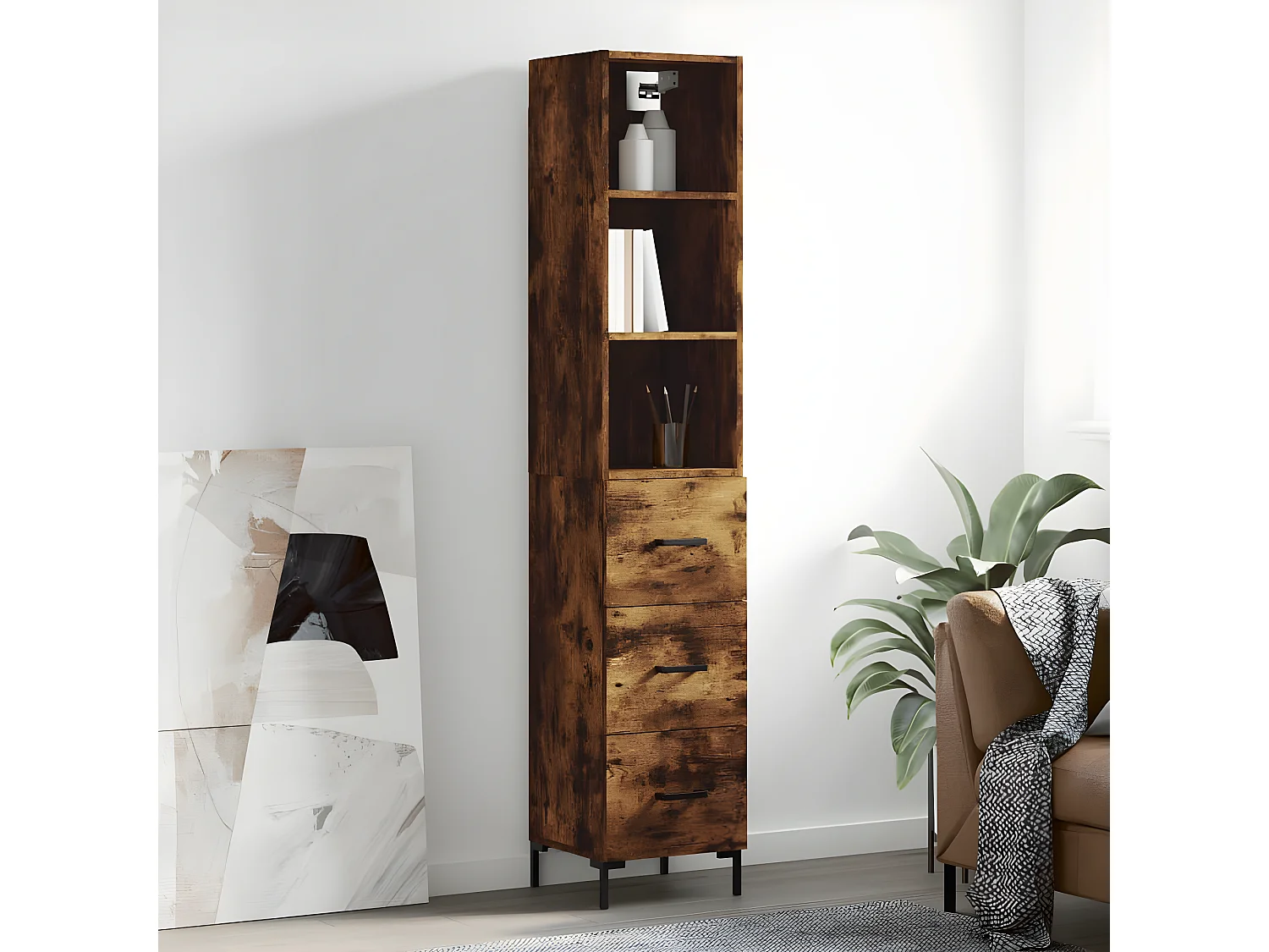 Hoog dressoir Gerookt eiken 34,5x34x180 cm Bewerkt hout