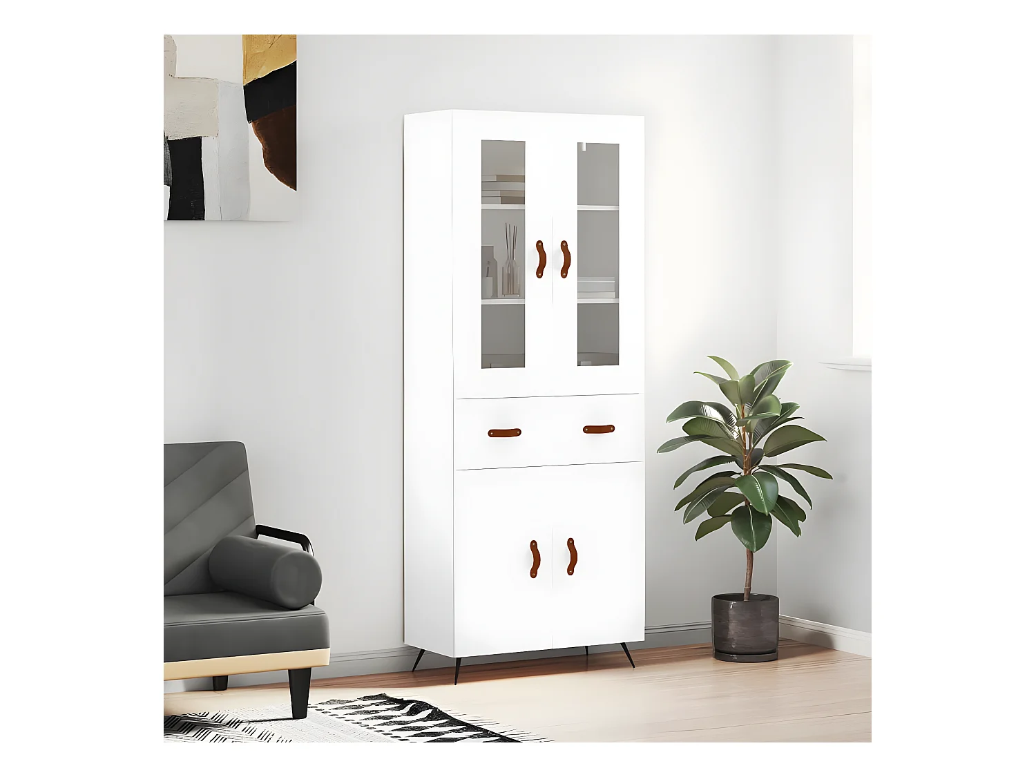 Aparador alto branco 69,5x34x180 cm Madeira trabalhada