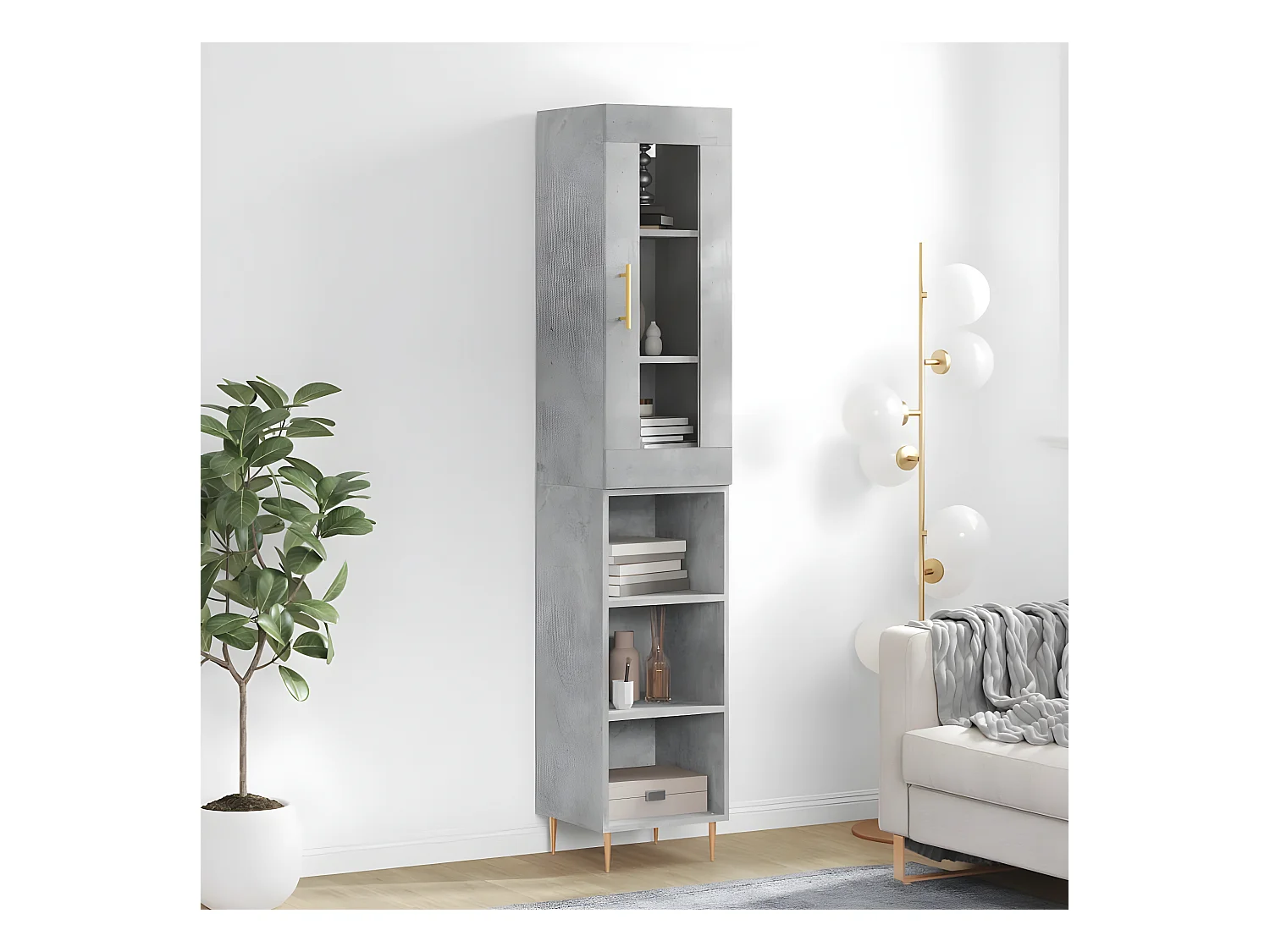 Aparador alto concreto cinza 34,5x34x180 cm madeira trabalhada