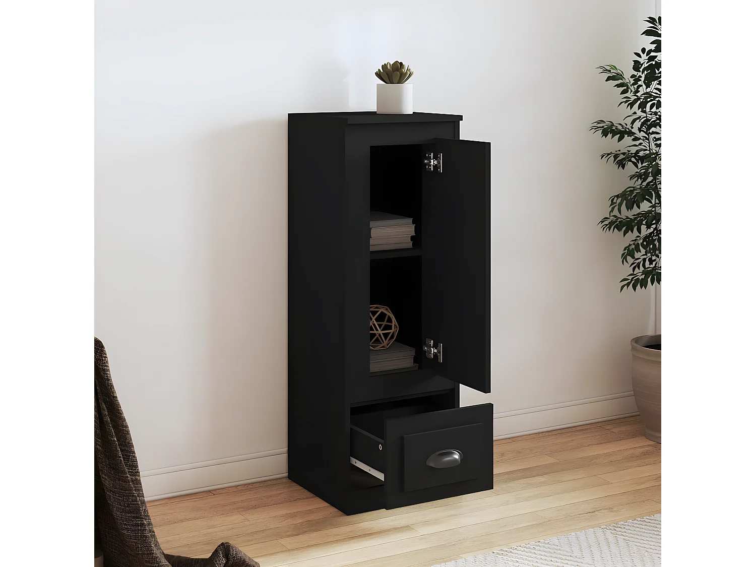 Aparador alto preto 36x35,5x103,5 cm madeira trabalhada