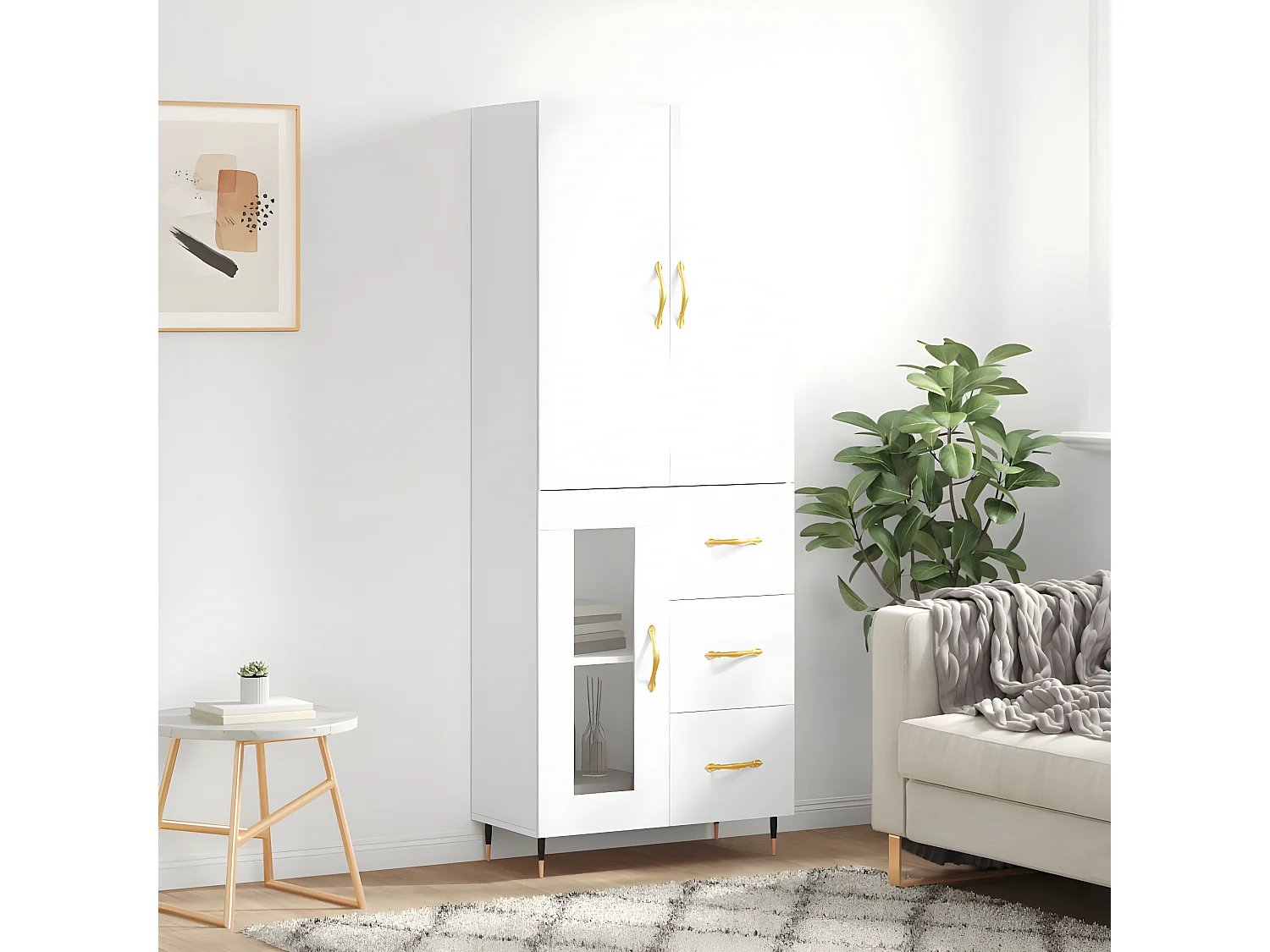 Buffet haut Blanc brillant 69,5x34x180 cm Bois d'ingénierie