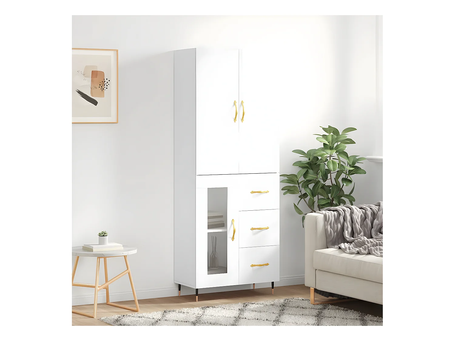 Buffet haut Blanc brillant 69,5x34x180 cm Bois d'ingénierie