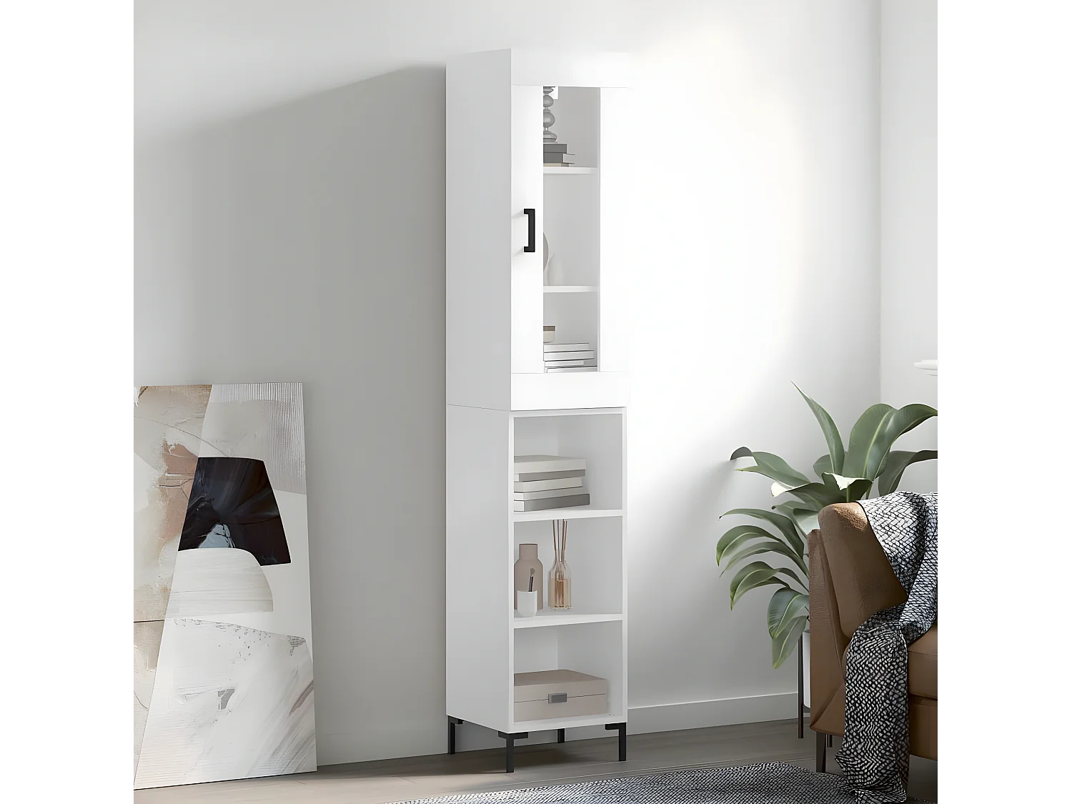 Aparador alto branco 34,5x34x180 cm Madeira trabalhada