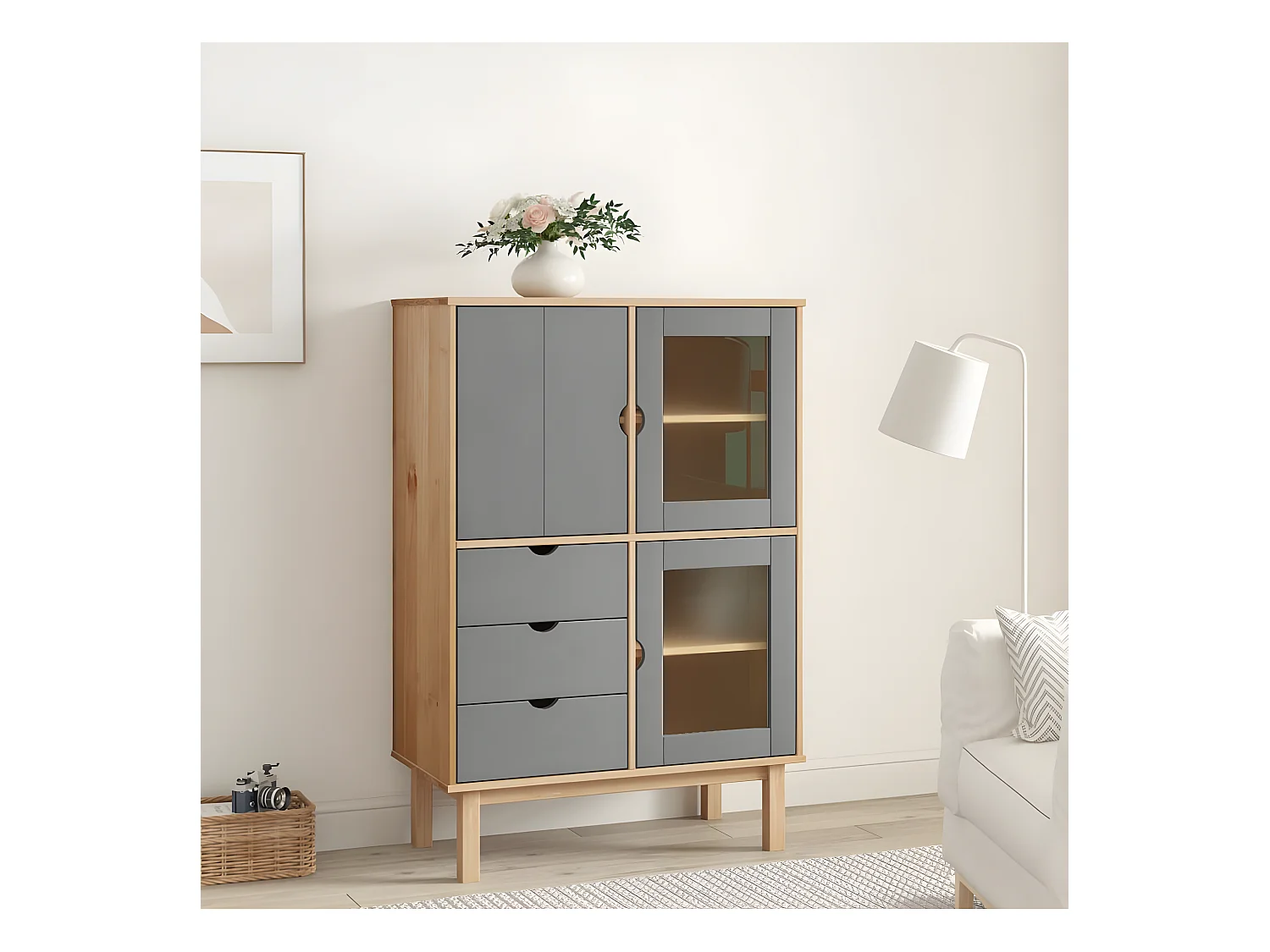 OTTA hoog dressoir Bruin en grijs 85x43x125 cm Massief grenenhout