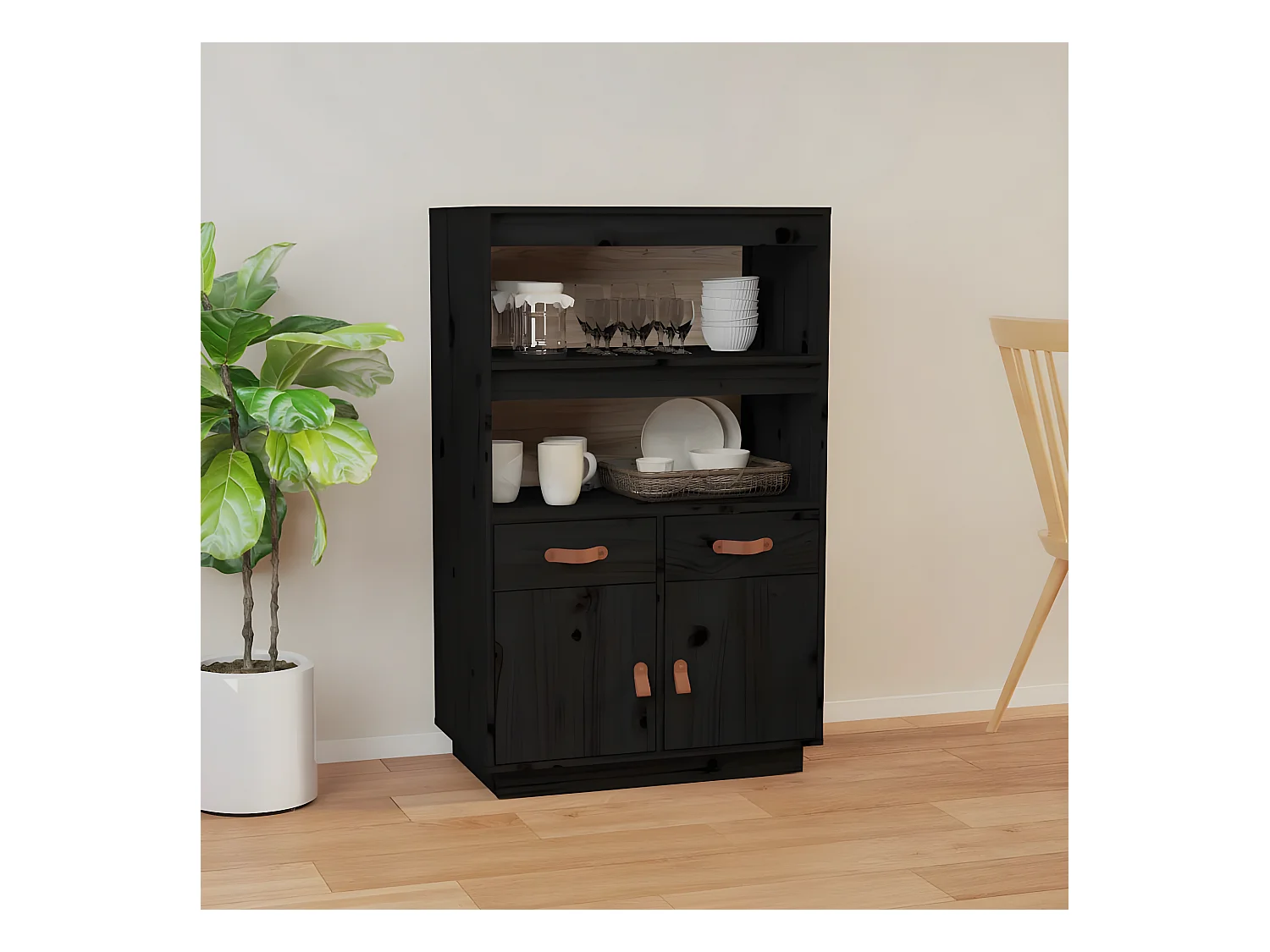 Credenza alta Nera 67x40x108,5 cm Legno di pino massiccio
