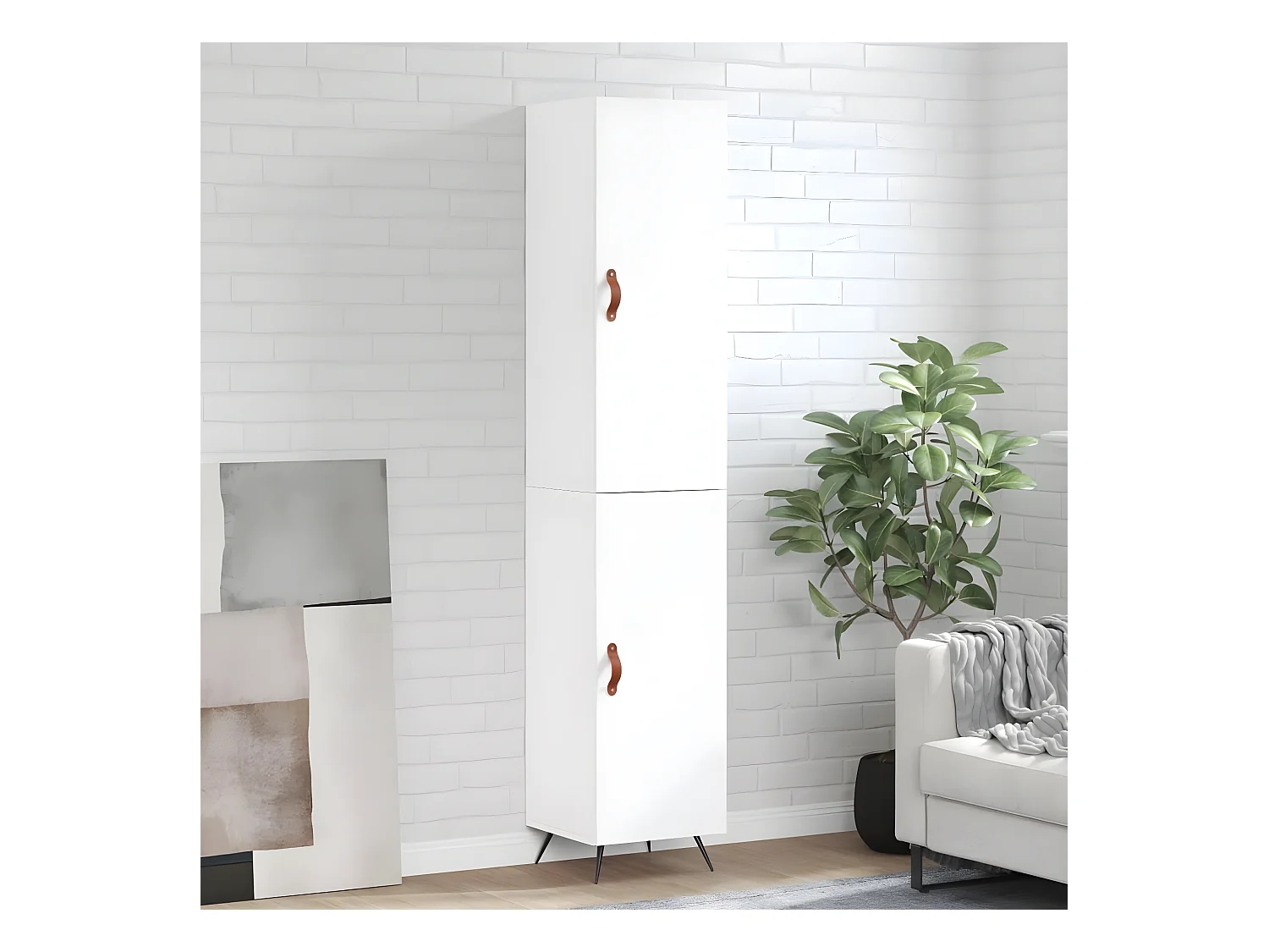 Buffet haut Blanc brillant 34,5x34x180 cm Bois d'ingénierie