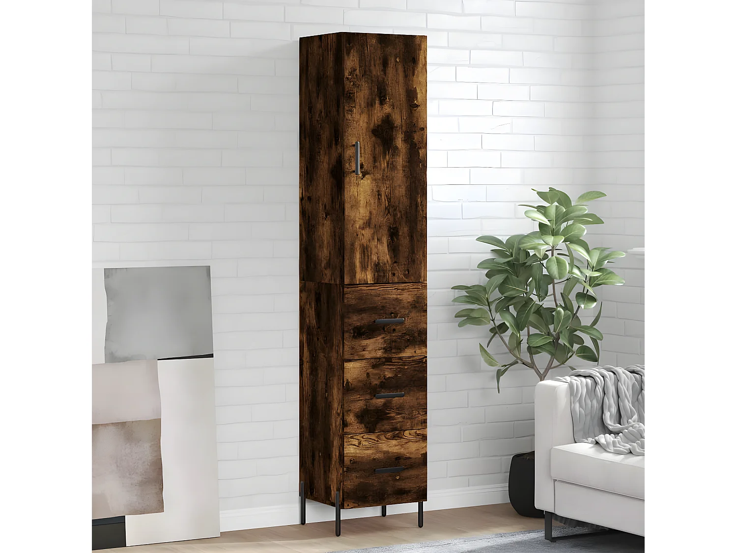 Buffet haut Chêne fumé 34,5x34x180 cm Bois d'ingénierie