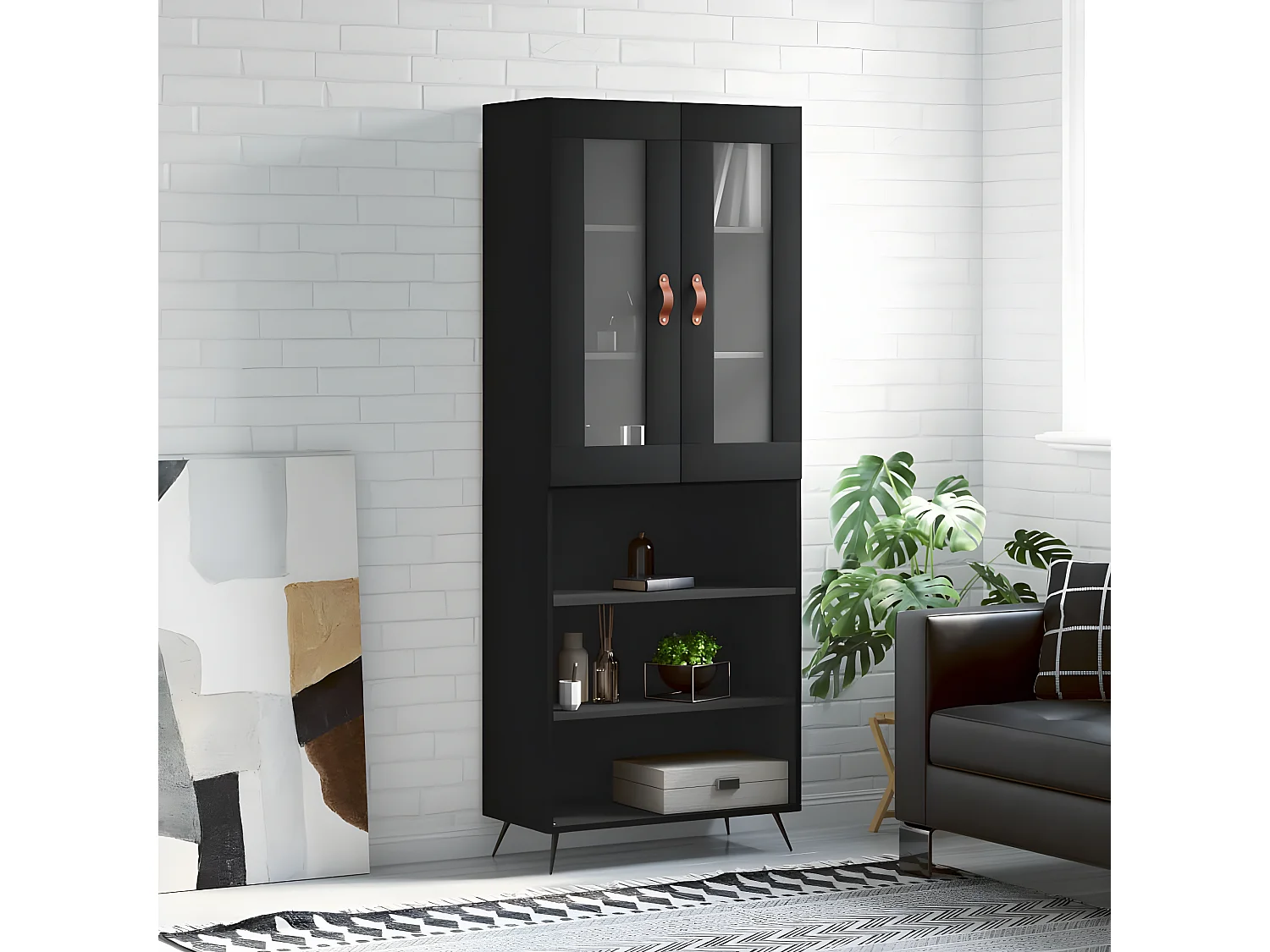 Aparador alto preto 69,5x34x180 cm Madeira trabalhada