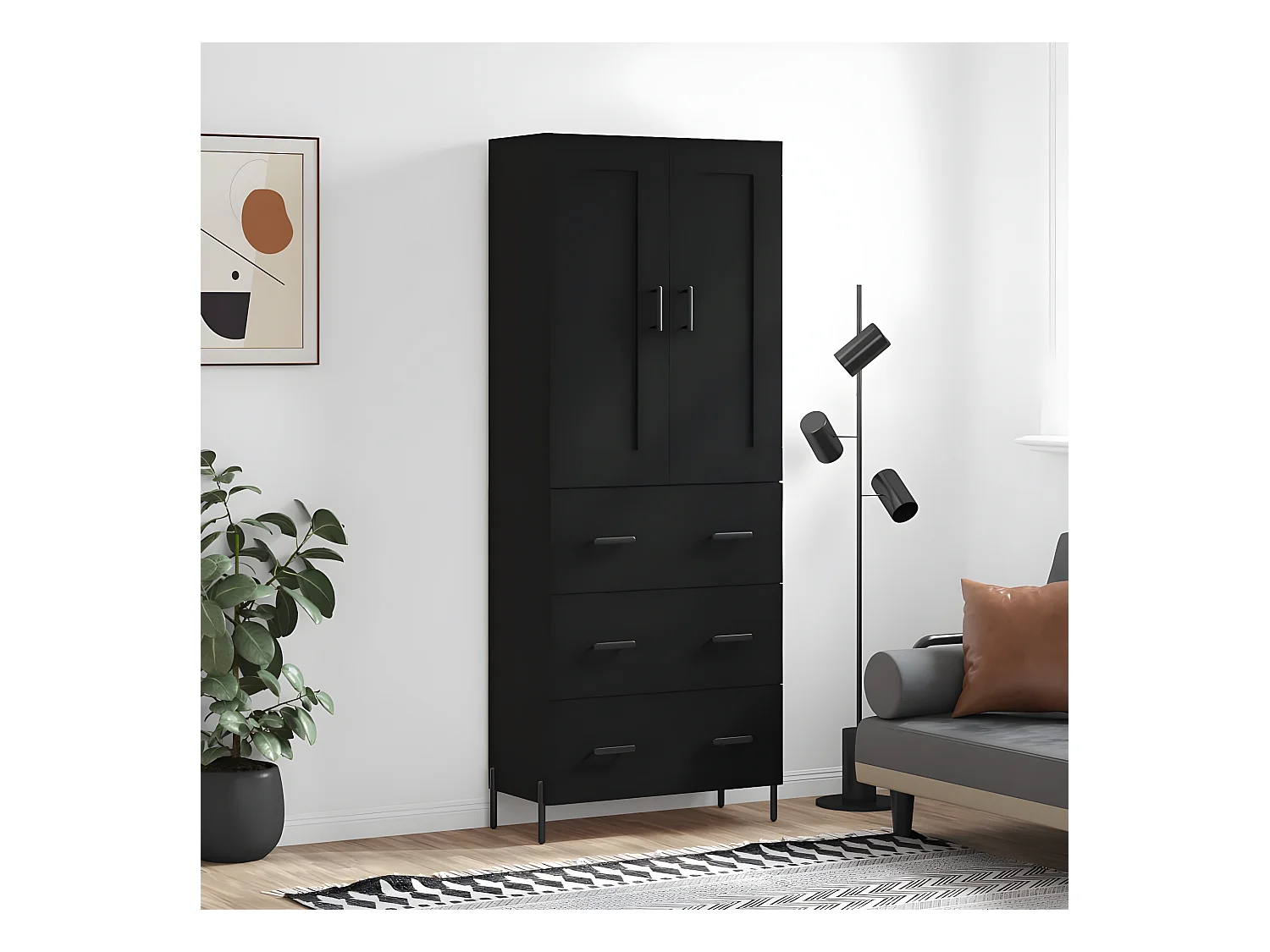 Hoog dressoir Zwart 69,5x34x180 cm Bewerkt hout