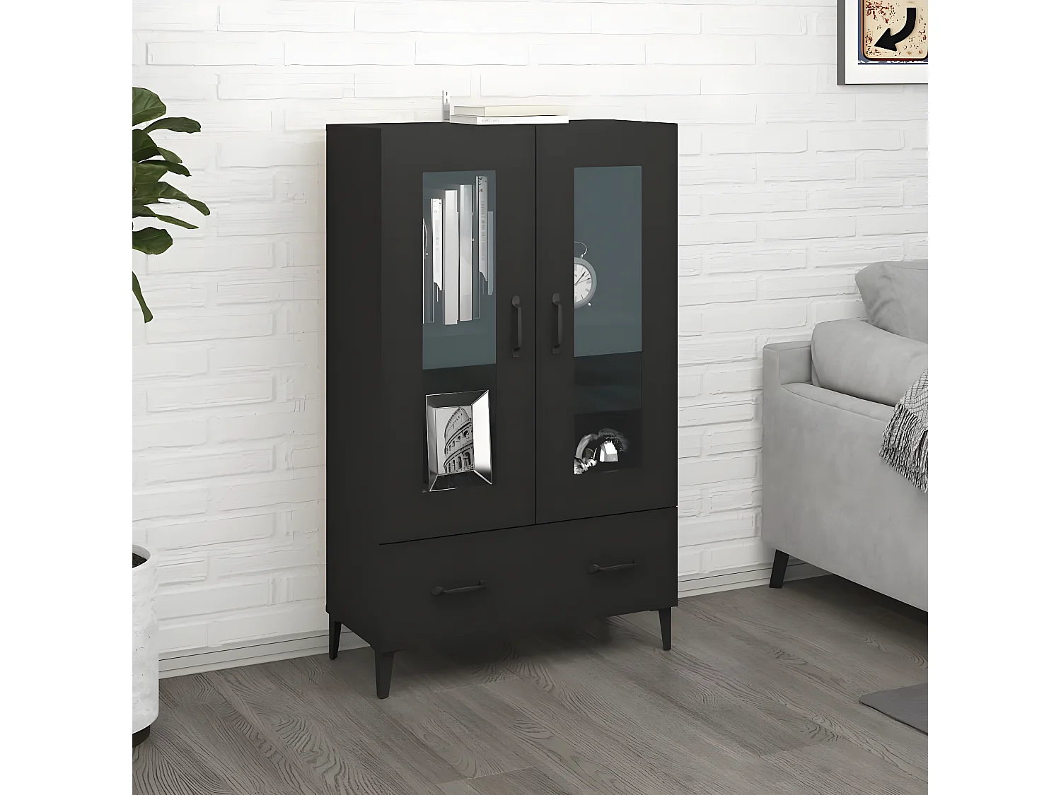 Aparador alto preto 70x31x115 cm madeira trabalhada