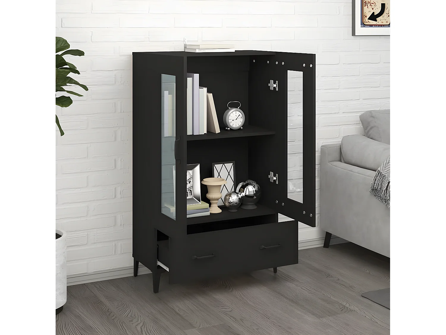 Aparador alto preto 70x31x115 cm madeira trabalhada