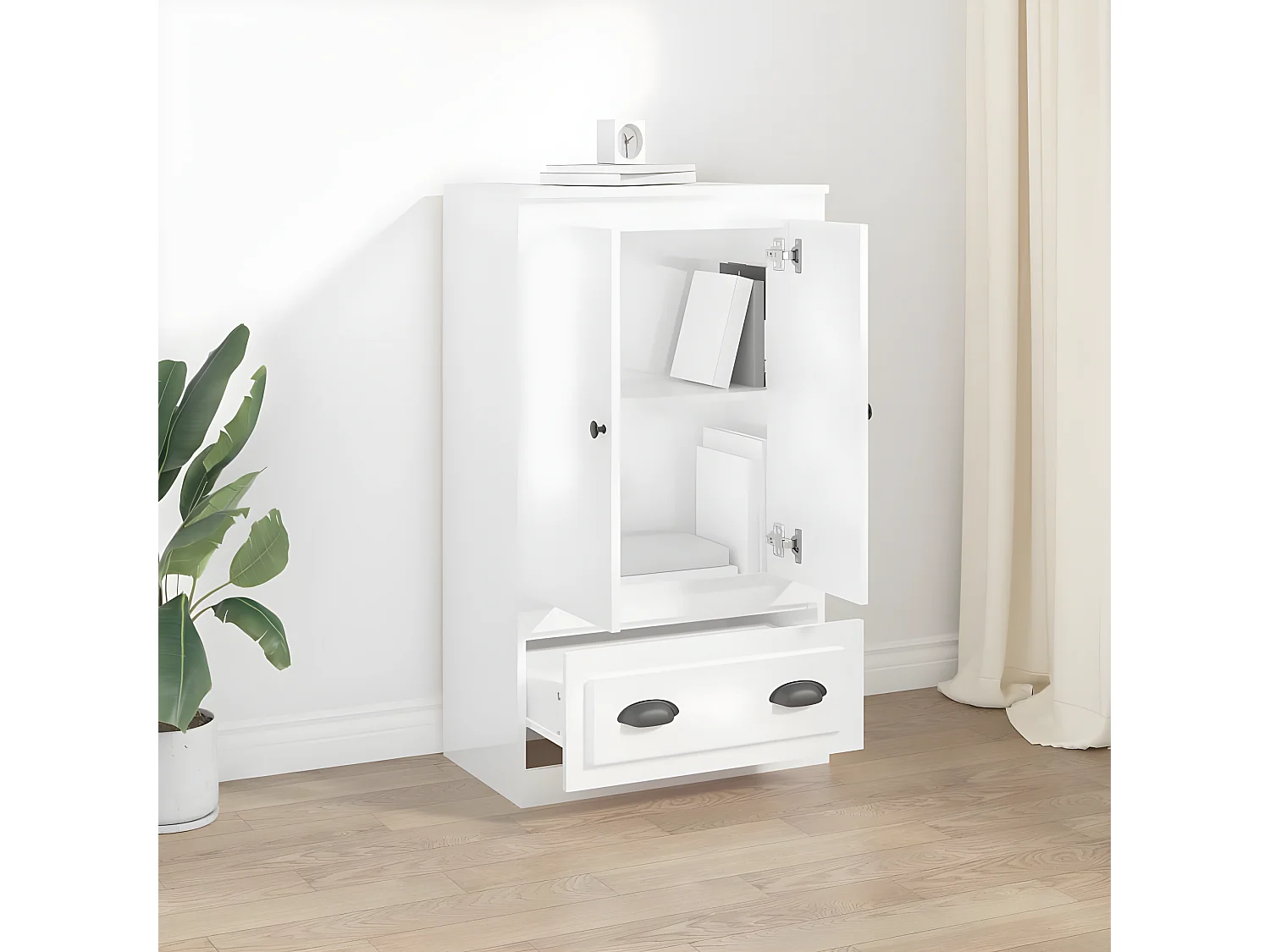 Buffet haut blanc brillant 60x35,5x103,5 cm bois d'ingénierie