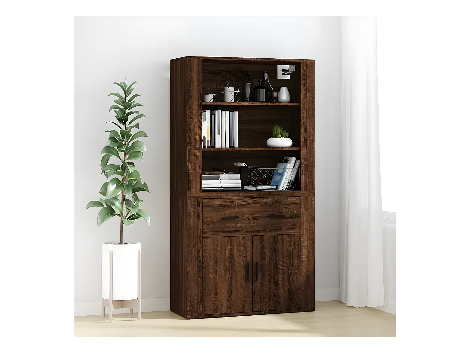Hohes Sideboard, braune Eiche, Holzwerkstoff
