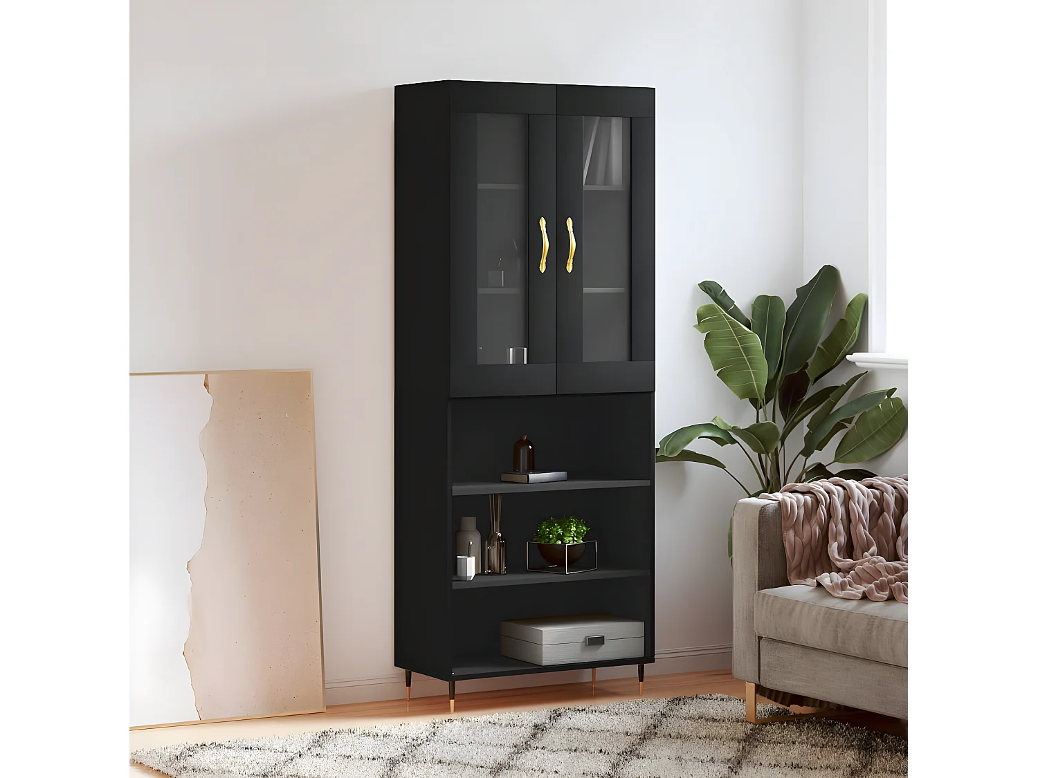 Hoog dressoir Zwart 69,5x34x180 cm Bewerkt hout