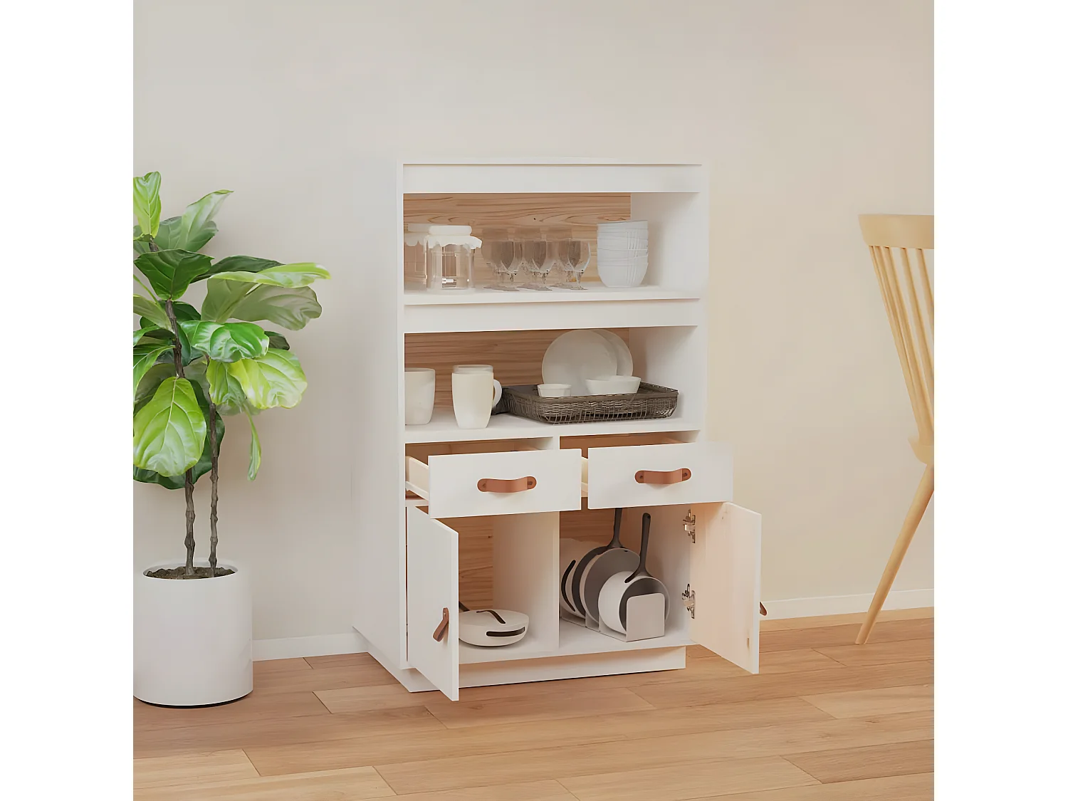 Credenza alta Bianca 67x40x108,5 cm Legno di pino massiccio