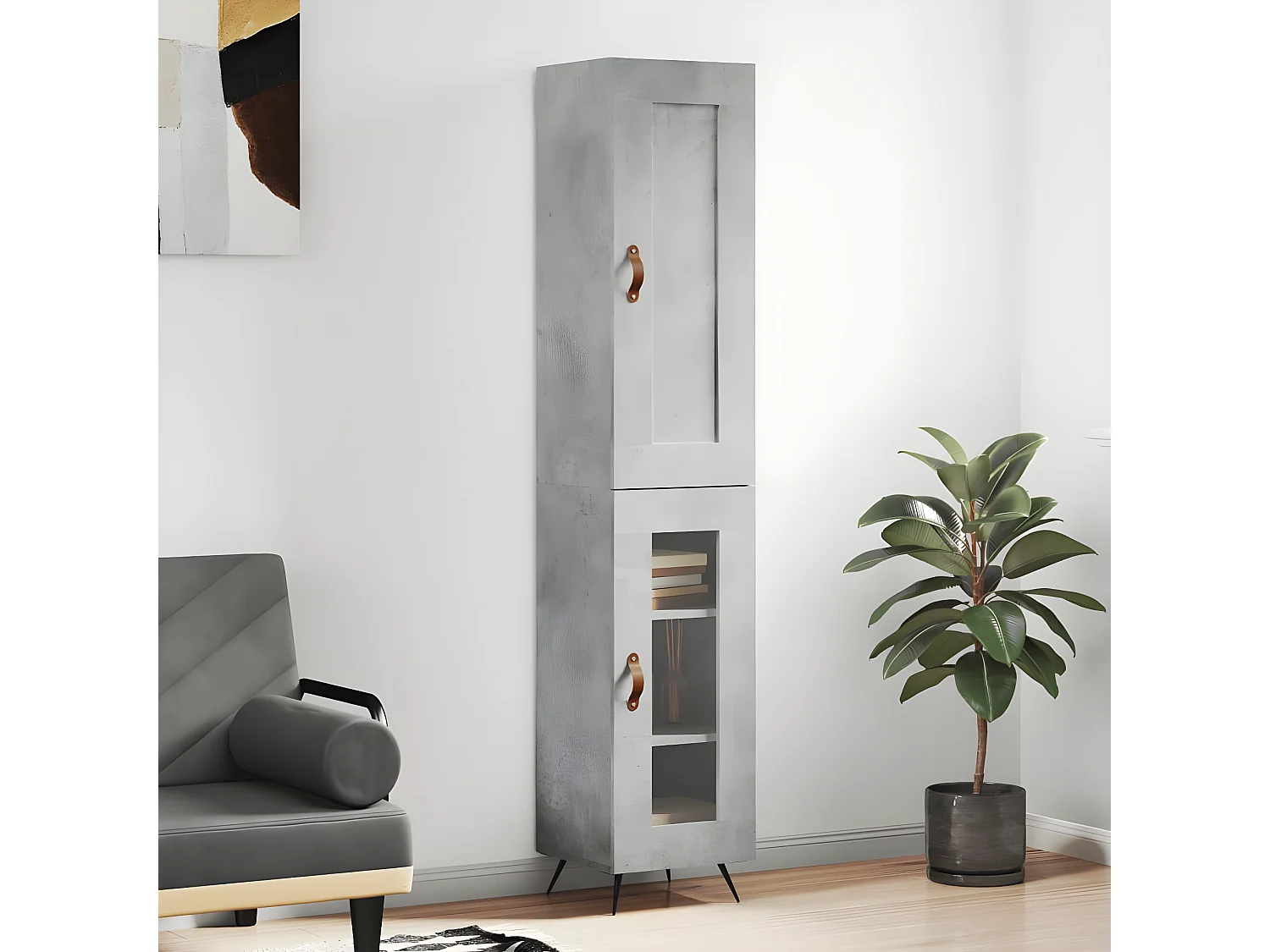 Aparador alto concreto cinza 34,5x34x180 cm madeira trabalhada