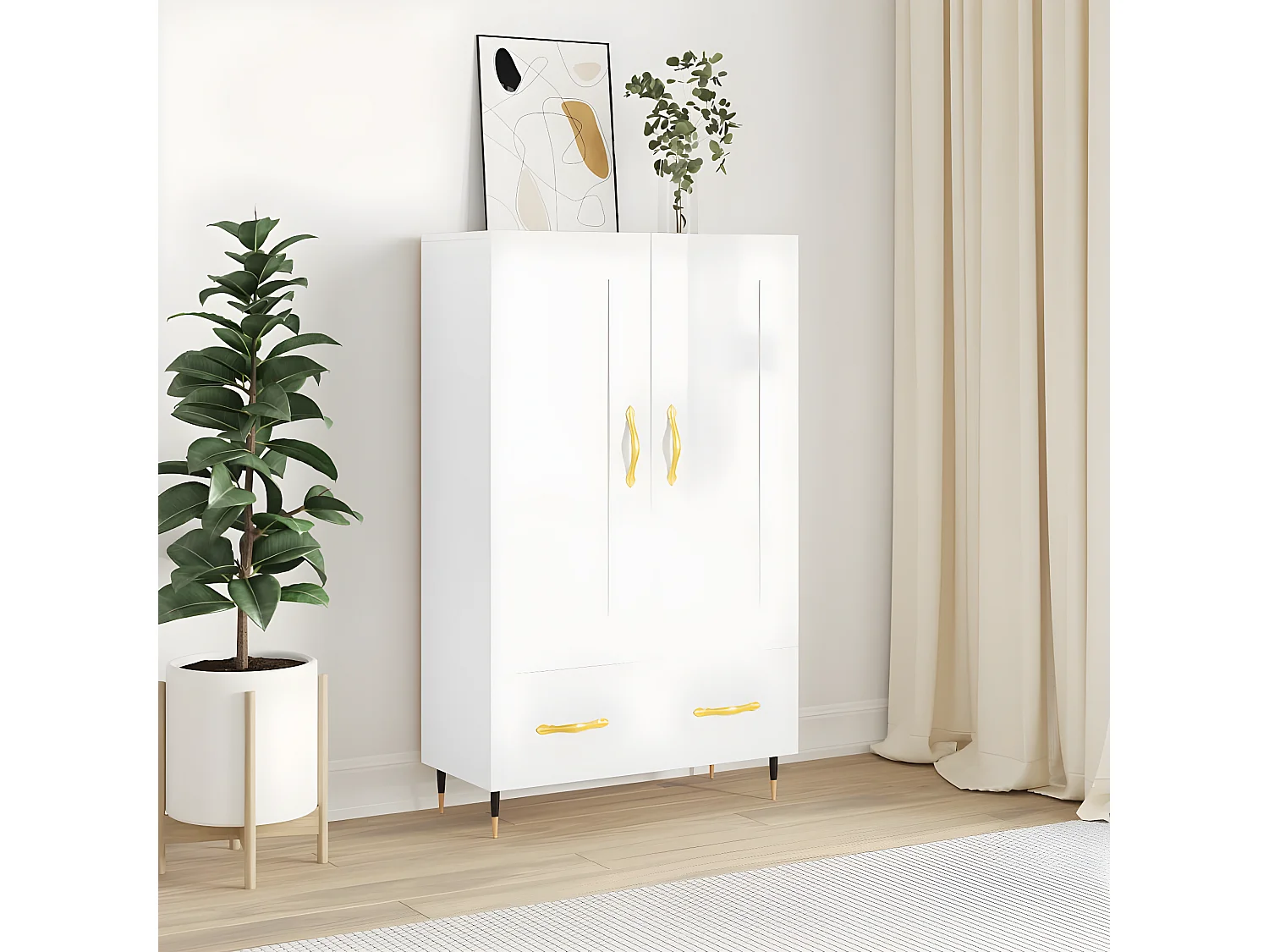 Buffet haut blanc brillant 69,5x31x115 cm bois d'ingénierie