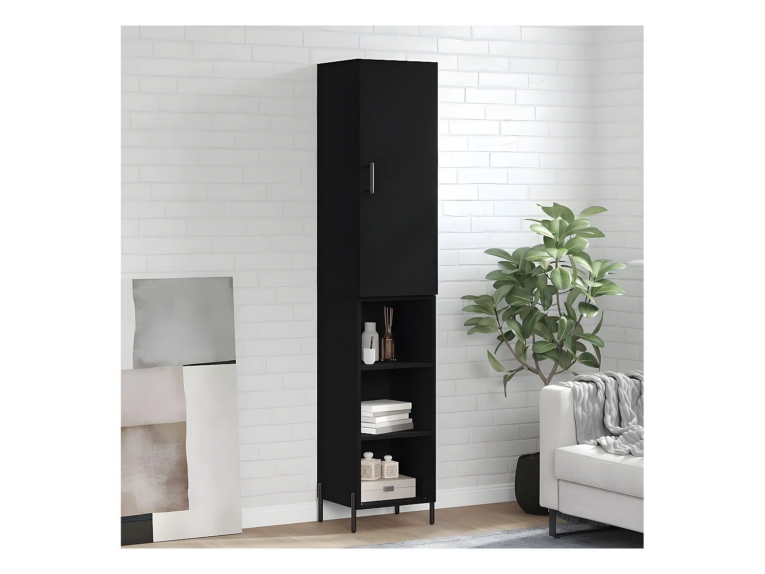 Hoog dressoir Zwart 34,5x34x180 cm Bewerkt hout