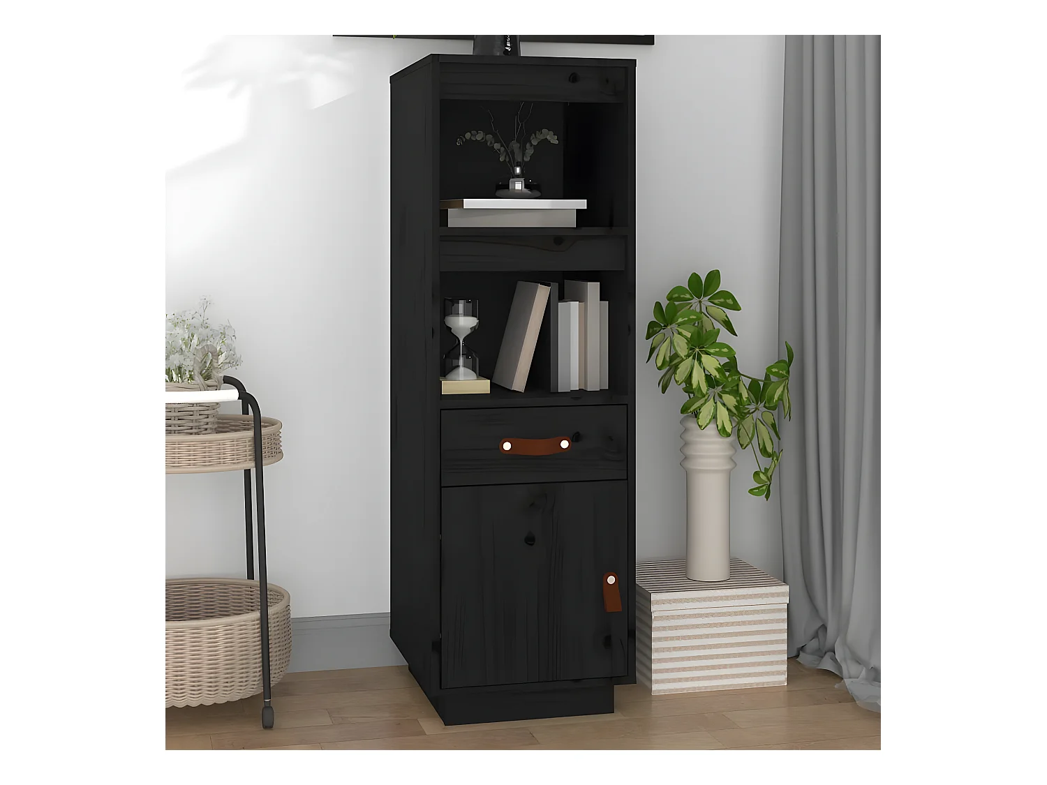 Hohes Sideboard Schwarz 34x40x108,5 cm Massives Kiefernholz