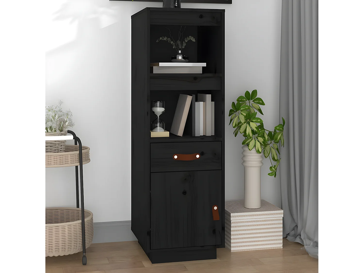 Credenza alta Nera 34x40x108,5 cm Legno di pino massiccio