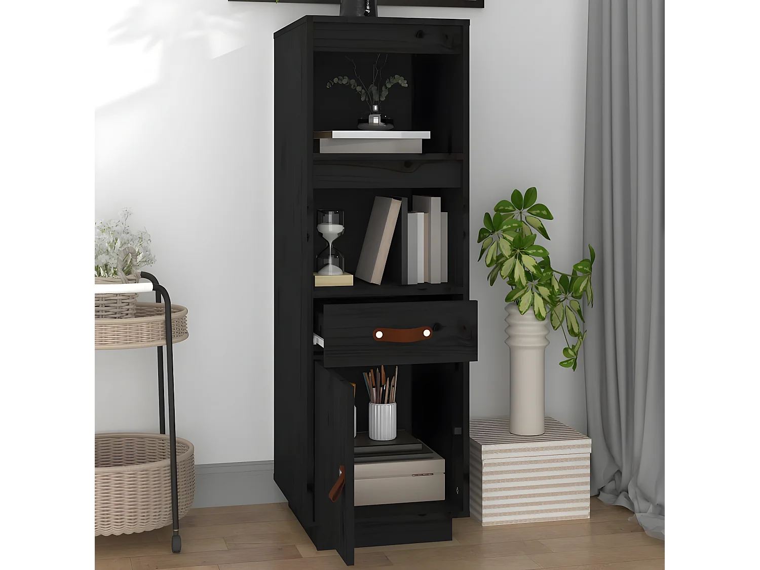 Credenza alta Nera 34x40x108,5 cm Legno di pino massiccio