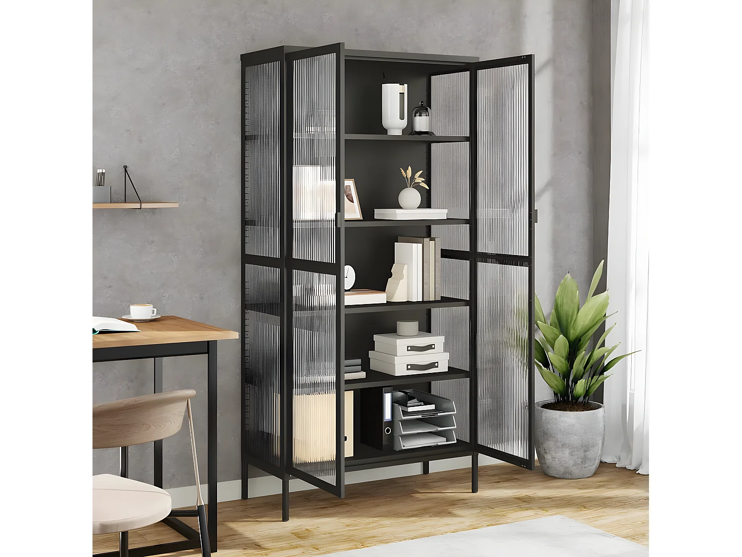 Credenza alta nera 85x40x180 cm in vetro e acciaio