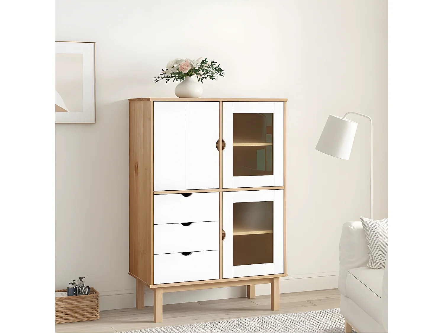 Credenza alta OTTA Marrone e bianco 85x43x125 cm Legno di pino massiccio