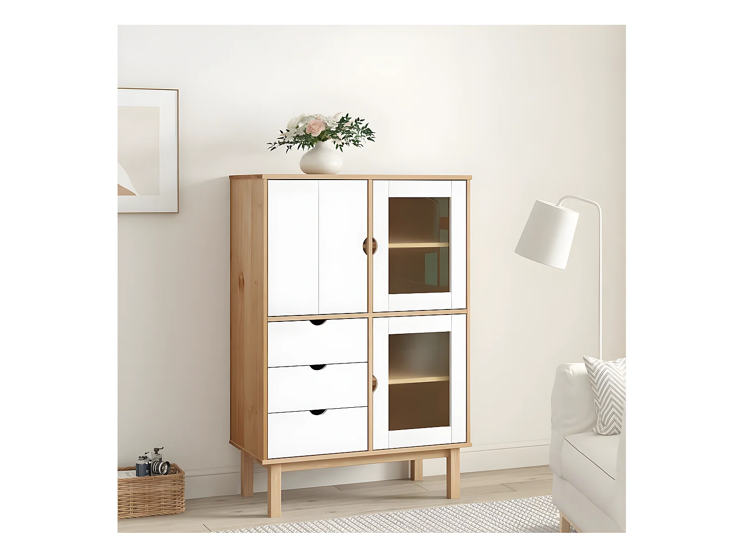 Buffet haut OTTA Marron et blanc 85x43x125 cm Bois massif pin
