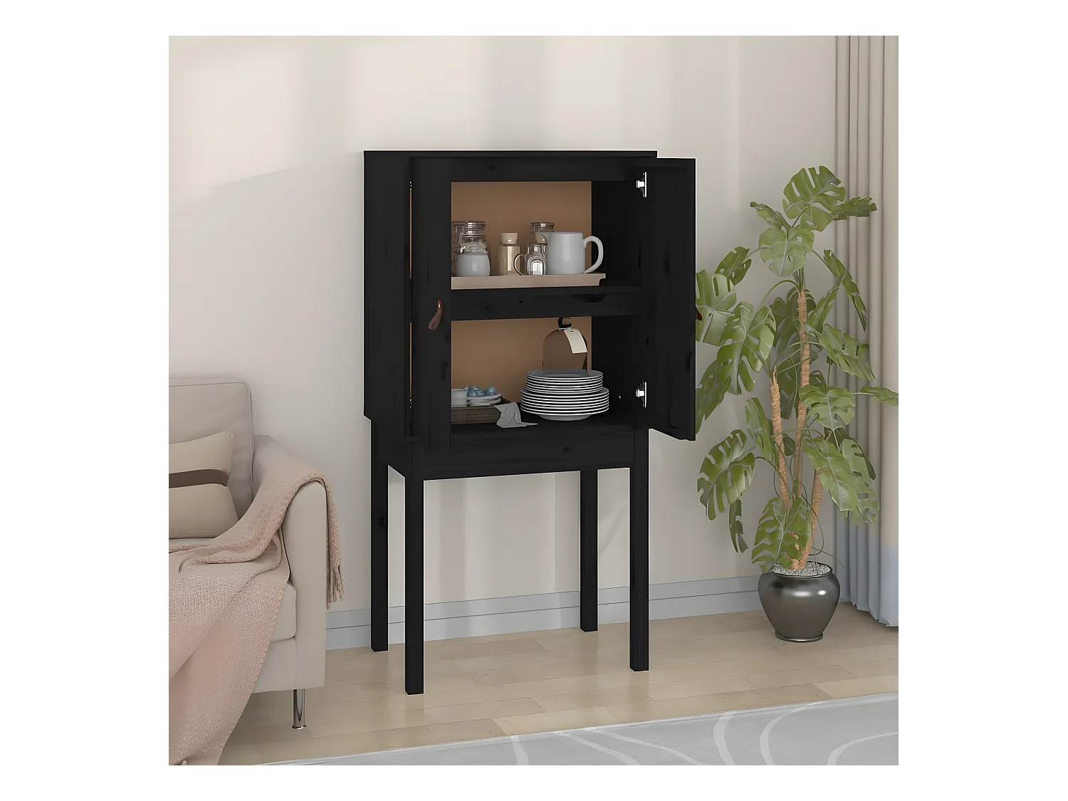 Credenza alta Nera 60x40x120 cm Legno di pino massiccio