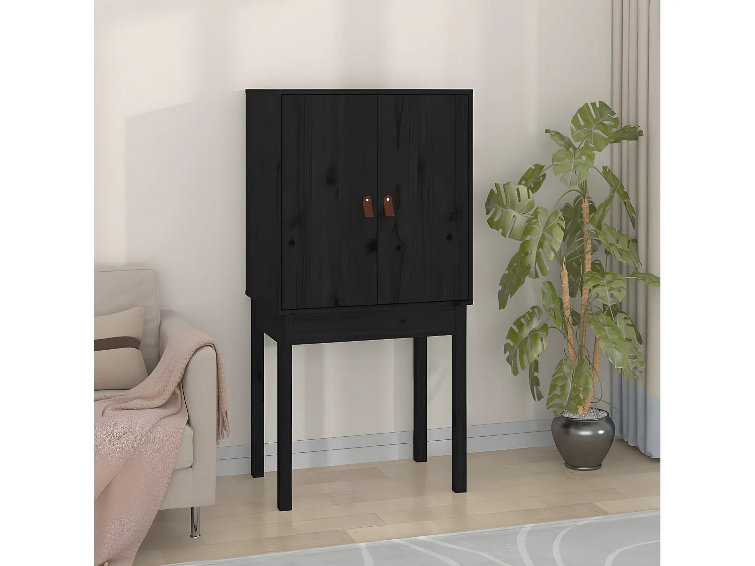 Hohes Sideboard Schwarz 60x40x120 cm Massives Kiefernholz