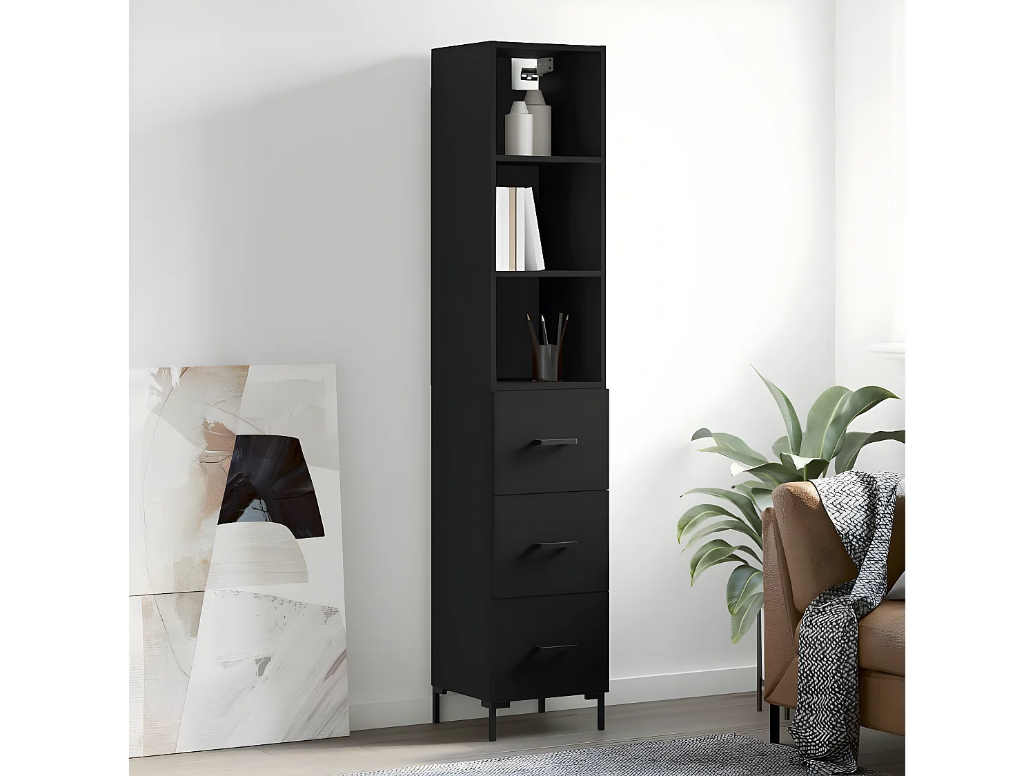Buffet haut Noir 34,5x34x180 cm Bois d'ingénierie