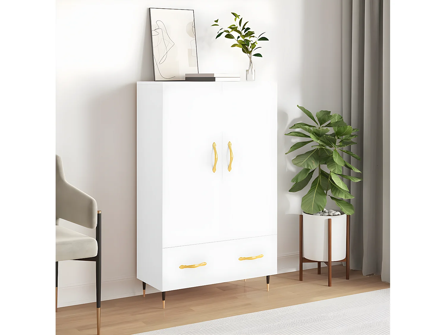 Buffet haut blanc brillant 69,5x31x115 cm bois d'ingénierie