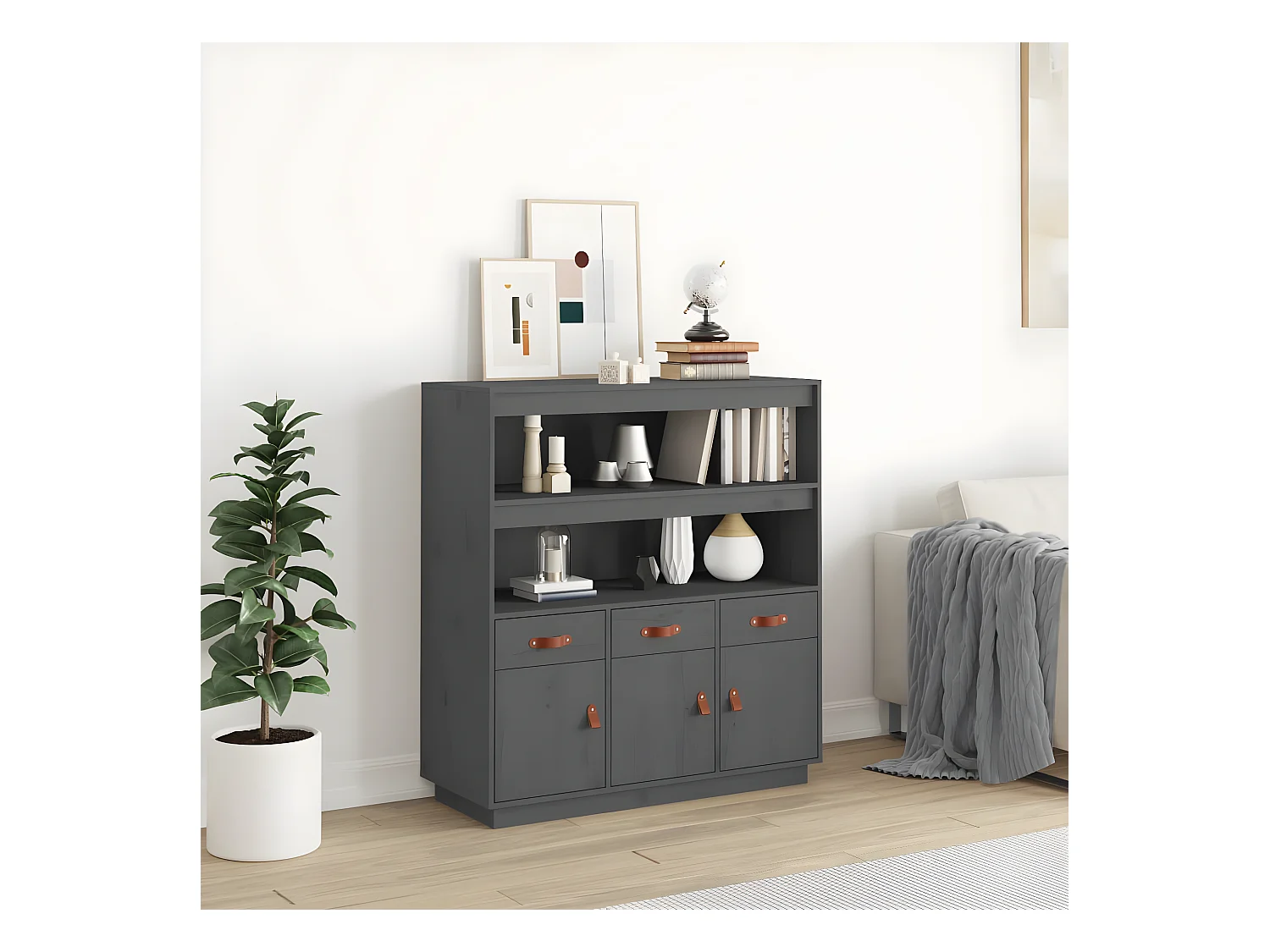 Aparador alto Gris 100x40x108,5 cm Madera maciza de pino