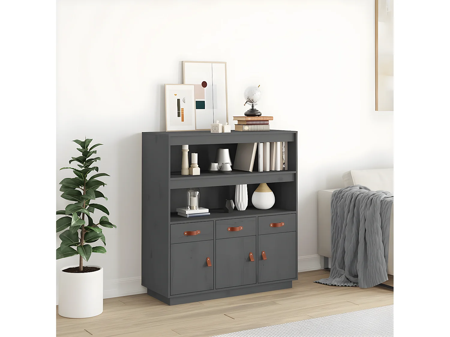 Aparador alto Gris 100x40x108,5 cm Madera maciza de pino