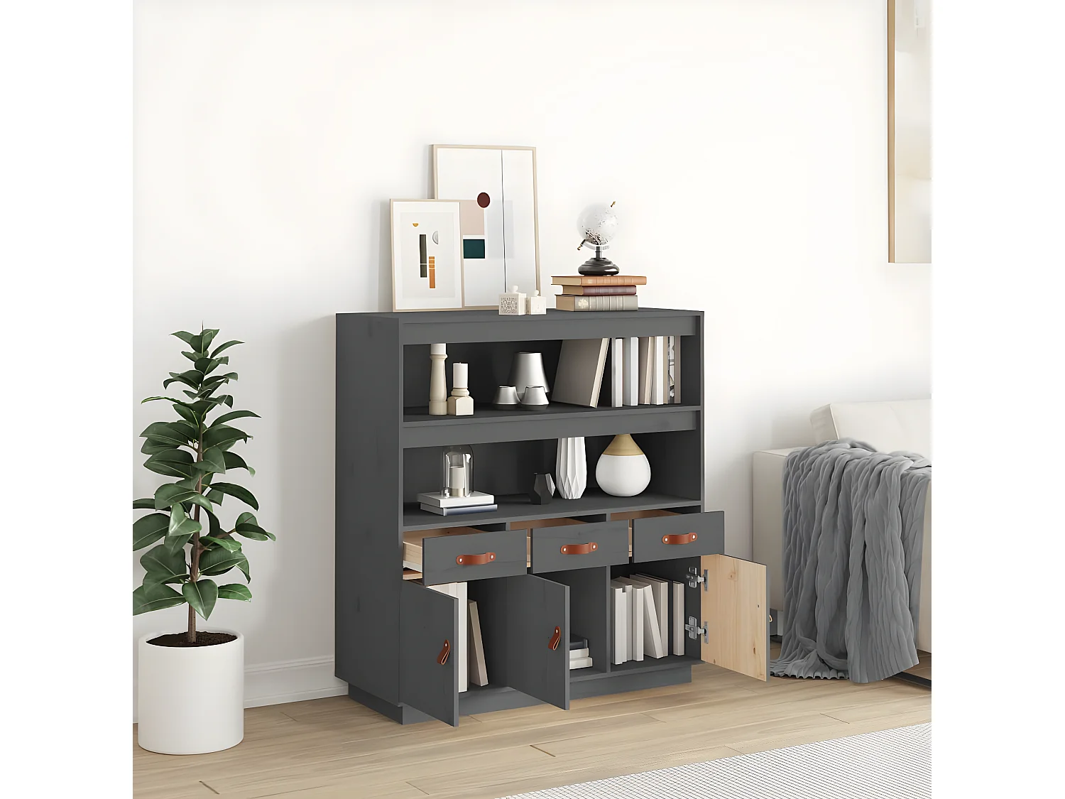 Aparador alto Gris 100x40x108,5 cm Madera maciza de pino