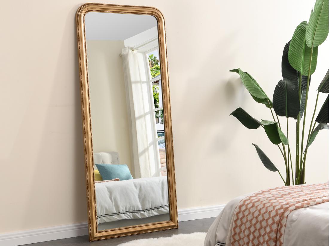 vente unique Grand miroir style vintage en bois de paulownia - L. 80 x H. 180 cm - Doré effet laiton- HELOISE